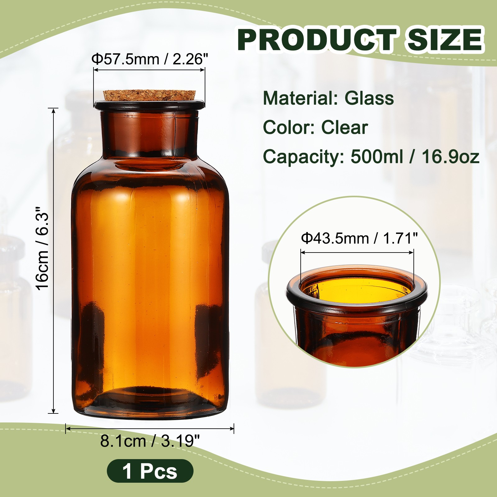 500ml Glass Reagent Bottle with Stopper Narrow Mouth, Brown(16.9oz)
