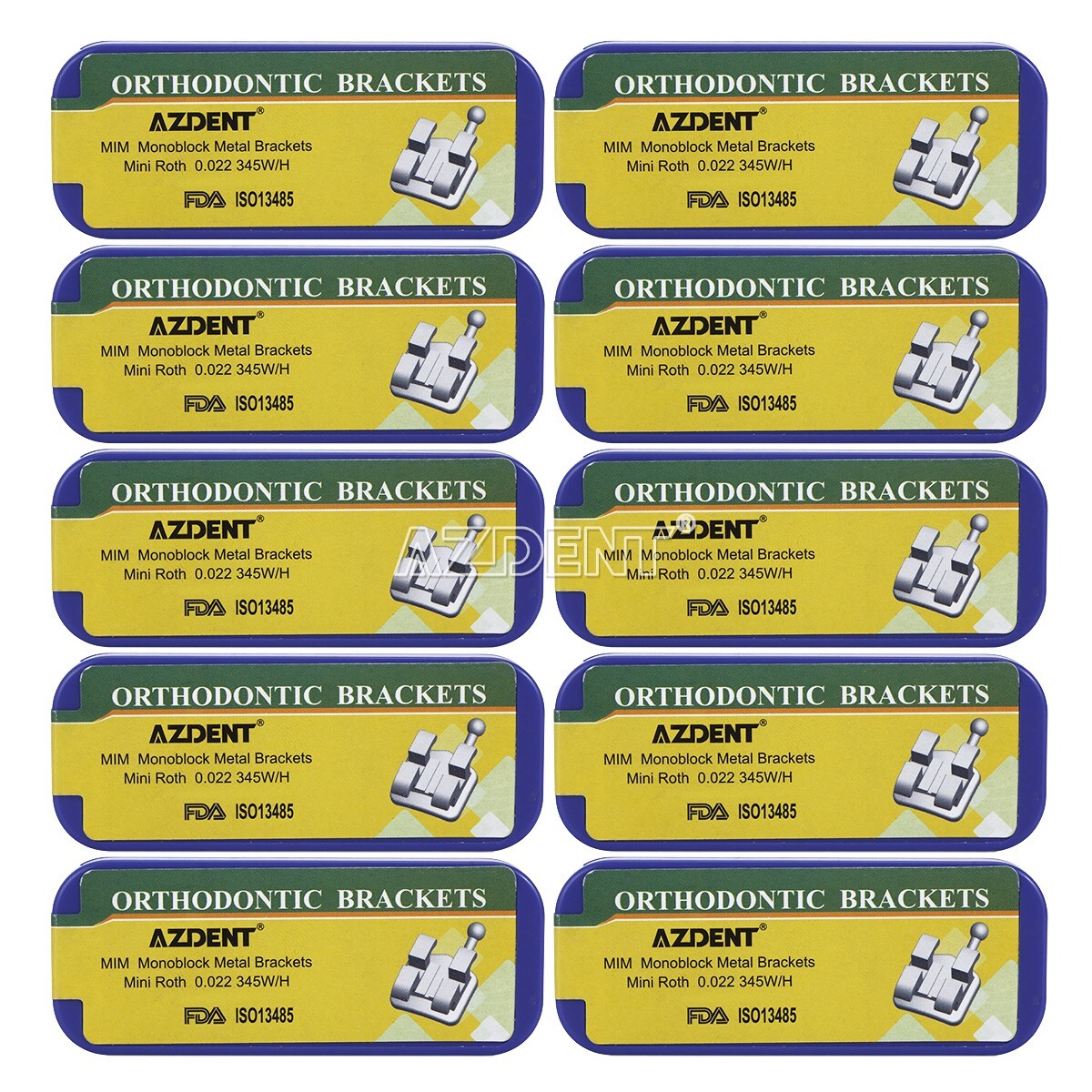 10 Brackets Ortodoncia AZDENT Monobloque Mini Roth .022 con Gancho 3-4-5, Pack