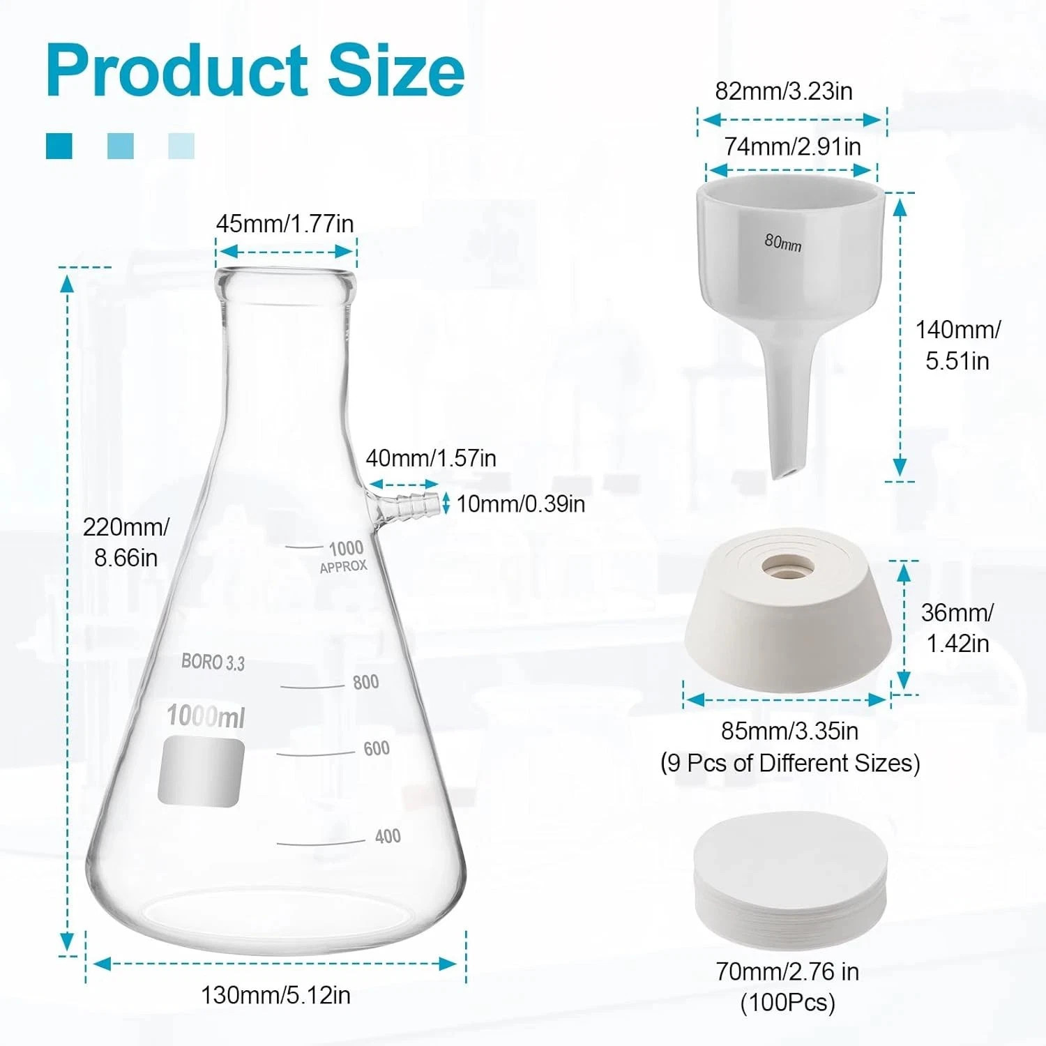 1000ML Buchner Funnel Kit Filter Flask Set, 1L Vacuum Flask 80mm Funnel, Borosil