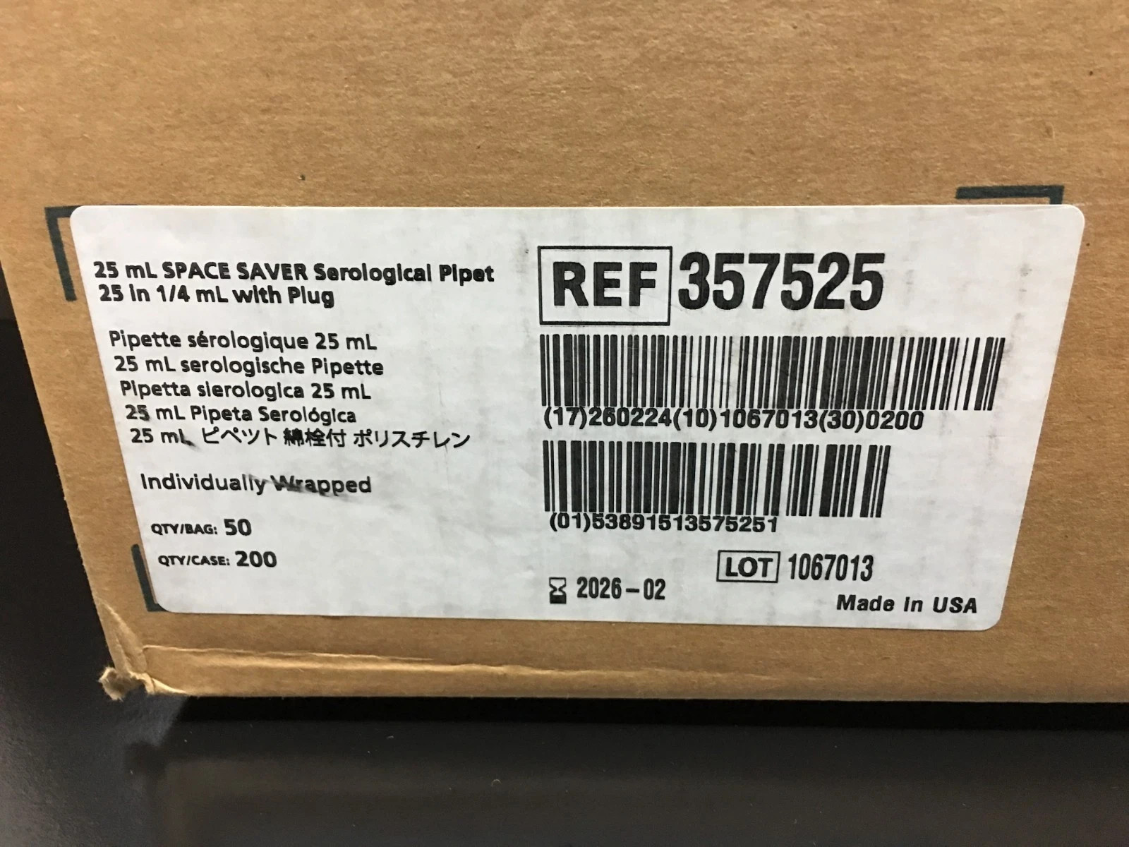 Corning Falcon REF 357525 Serological Pipet 25mL Space Saver 0.25 Case