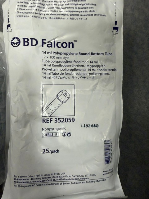 New Falcon 352059 14mL Polypropylene Round Bottom Tube 25/Pack lot of 3 packs