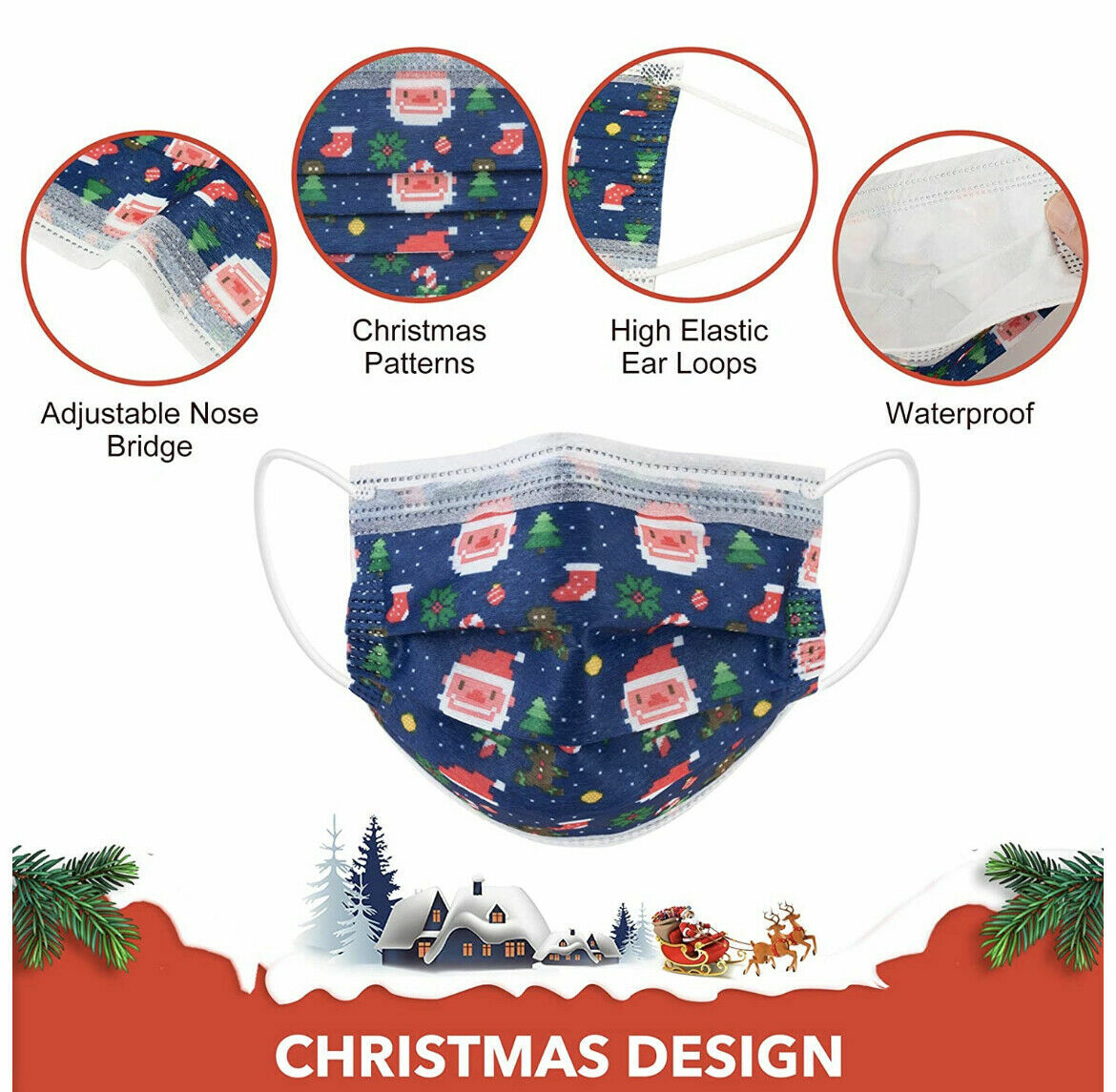 Disposable christmas Face Mask Assorted 3-Ply Festive Patterns Adult Mouth Cover