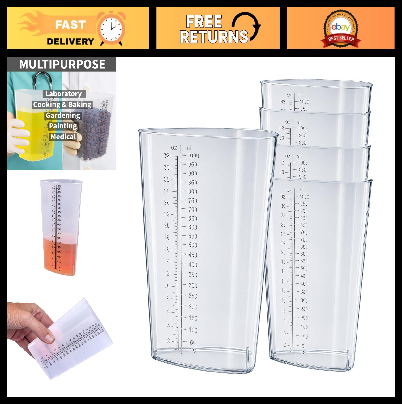 32 oz Triangular Graduated Beaker Set – 5 Pack Clear Mixing Containers for Lab,