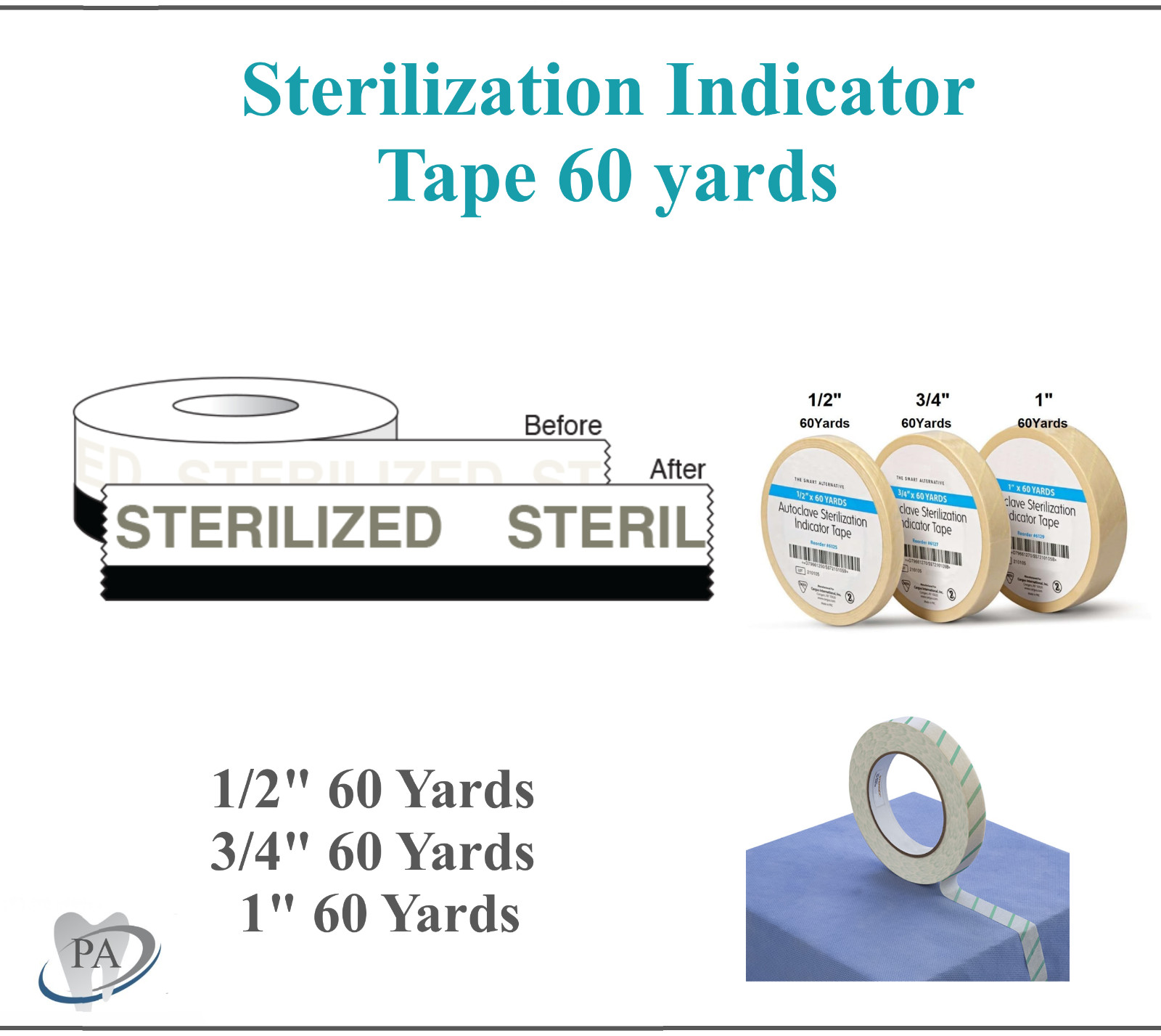 5 x Dental Autoclave Indicator Tape, 3 Sizes, Lead-free, 60 yd. Roll Tattoo USS