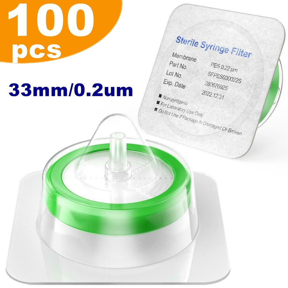 100pcs Lab PES STERILE Syringe Filter 33mm Diameter 0.22μm Pore Size Hydrophilic