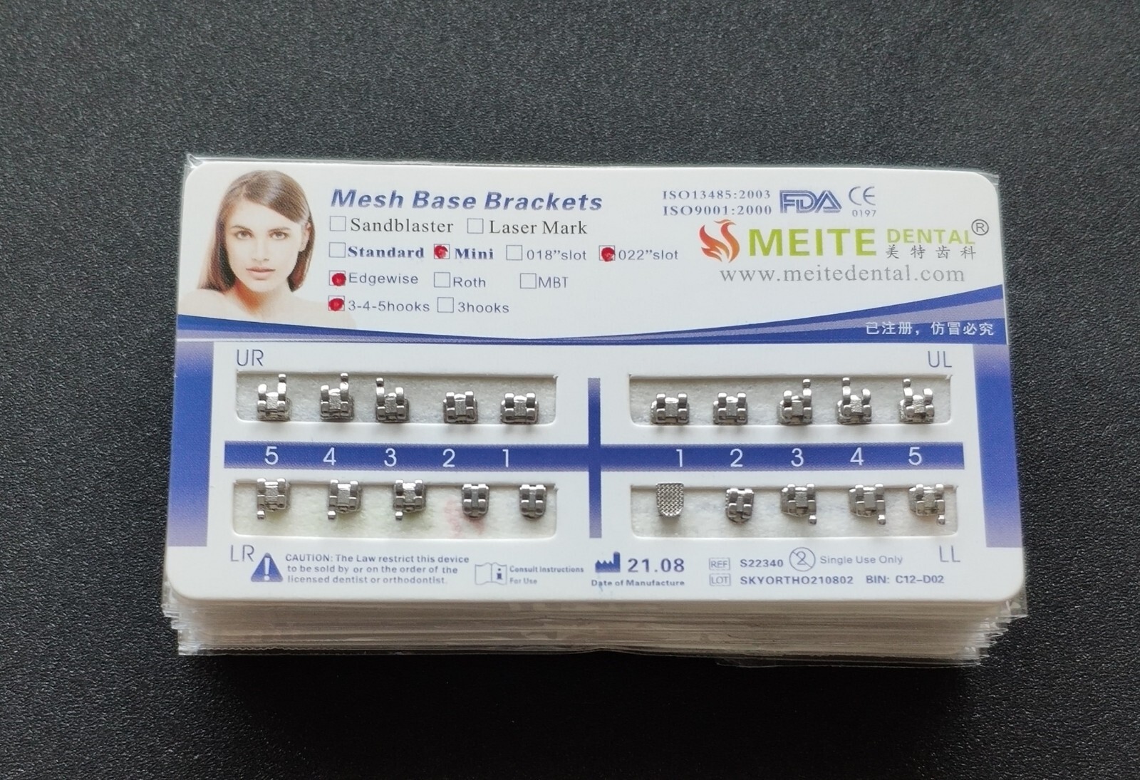 5 Sets Dental Ortho Brackets Mini/Standard Edgewise 022/018 345 Hooks Mesh Base