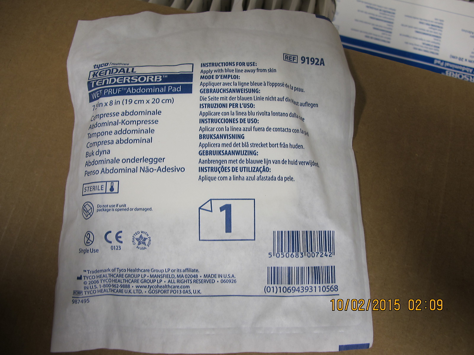 Case of 216 Tendersorb Wet-Pruf Abdominal Pad) 7 ½” x 8, Sterile Covidien 9192A