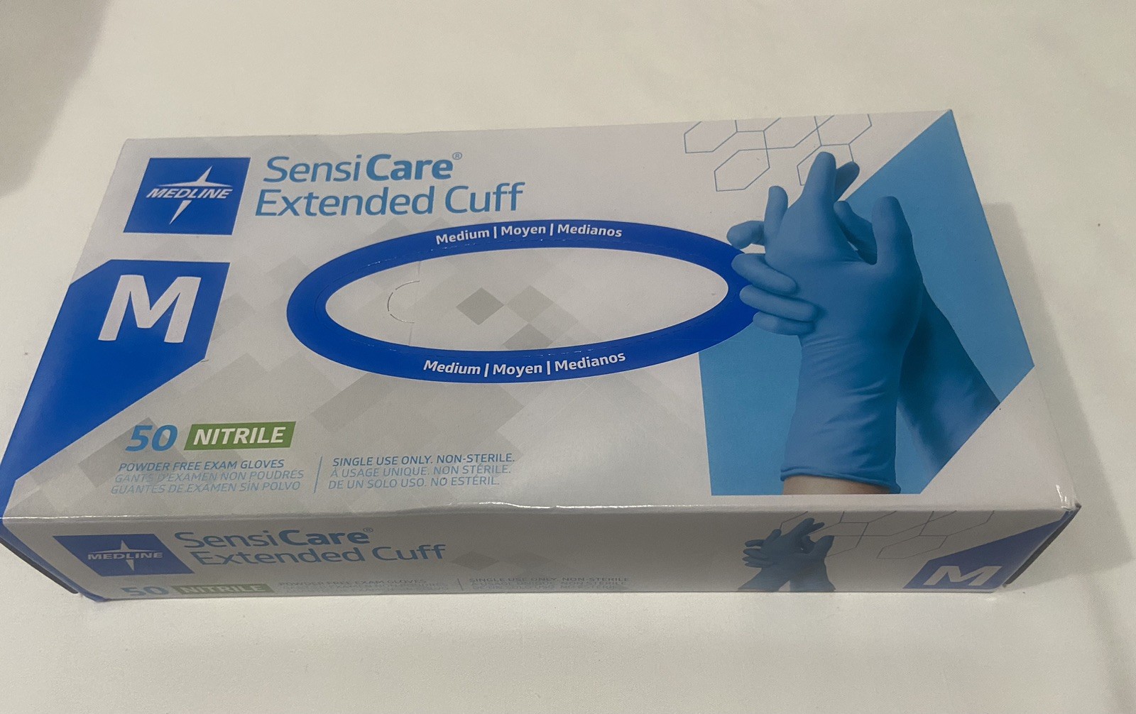 GLOVES – SENSI CARE EXTENDED CUFF POWDER-FREE NITRILE EXAM GLOVES, BLUE, Medium