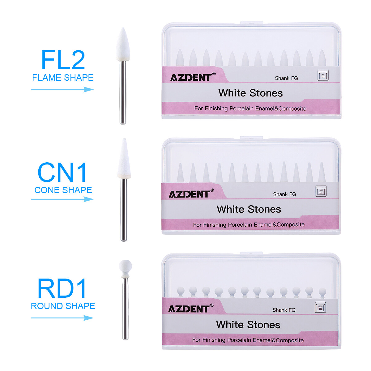 Dental White Stone High Speed Aluminum Oxide Polishing Burs FG Cone/Flame/Round