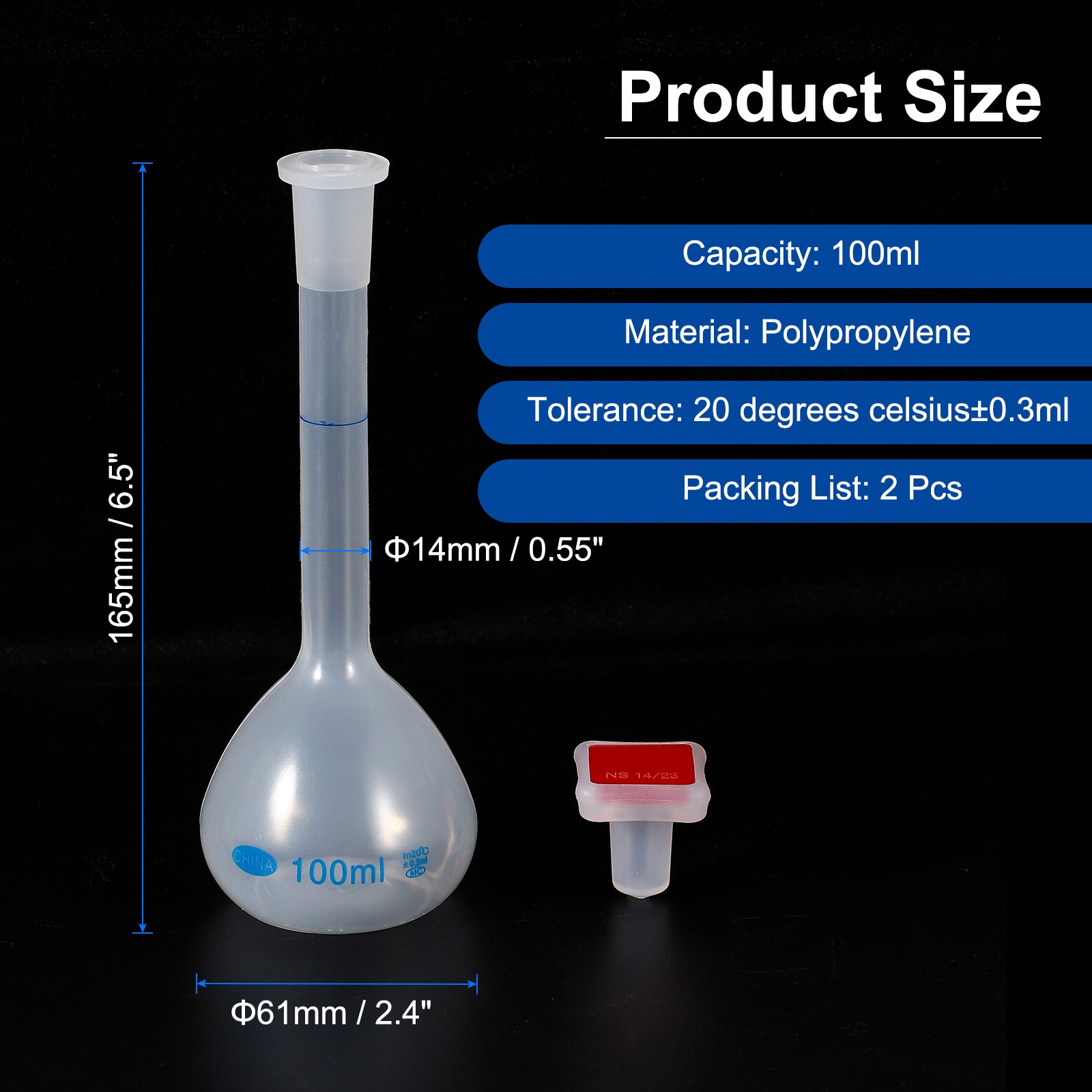 2Pcs 100ml Polypropylene Graduated Volumetric Flask with Red Cap Tolerance 0.3ml