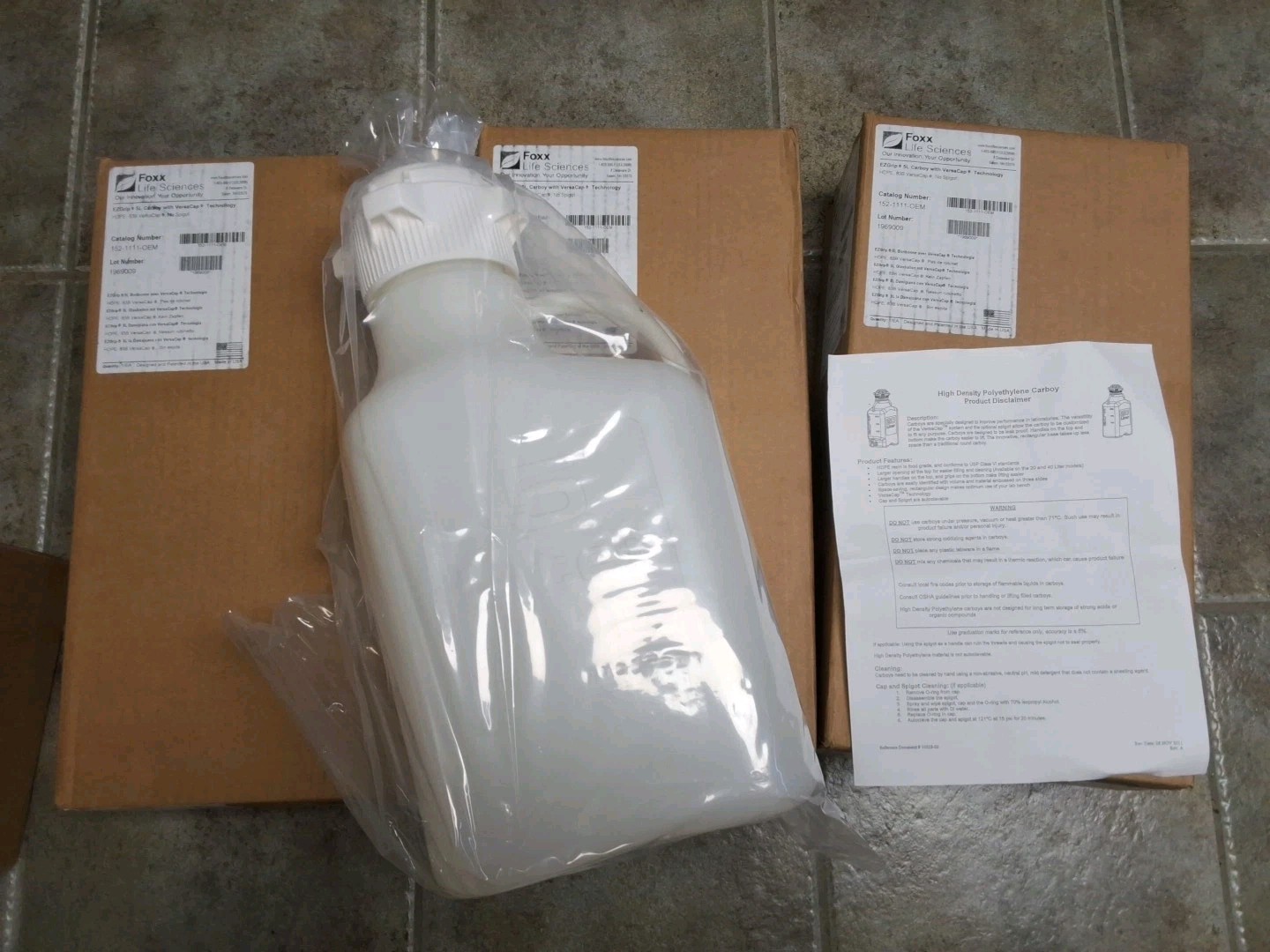 (1) Foxx Life Sciences EZGrip Carboy 5l VersaCap 157-1111-OEM NEW Made in USA