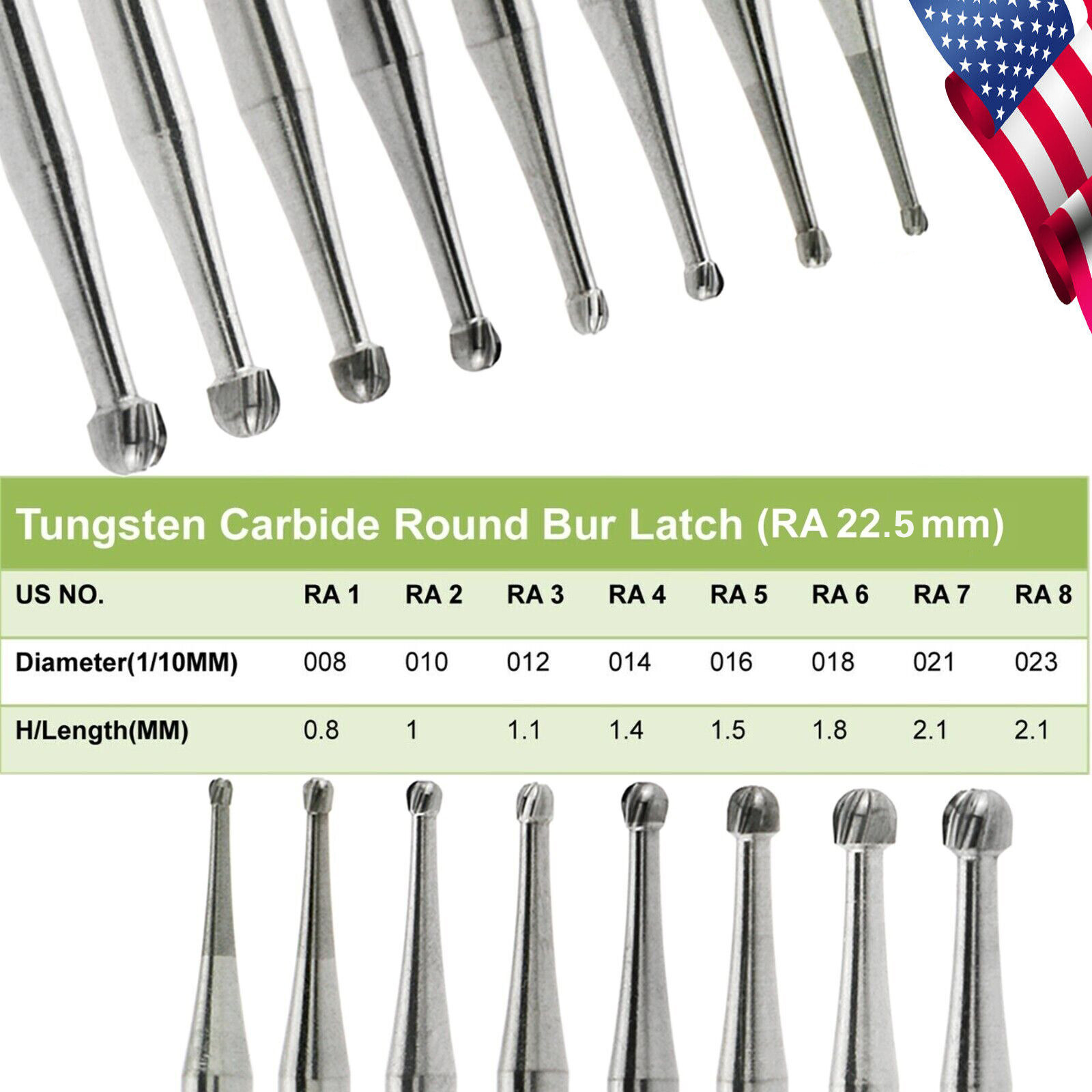8 Types Dental Round Carbide Bur for Low Slow Speed Latch Type RA 1# – 8# Burs