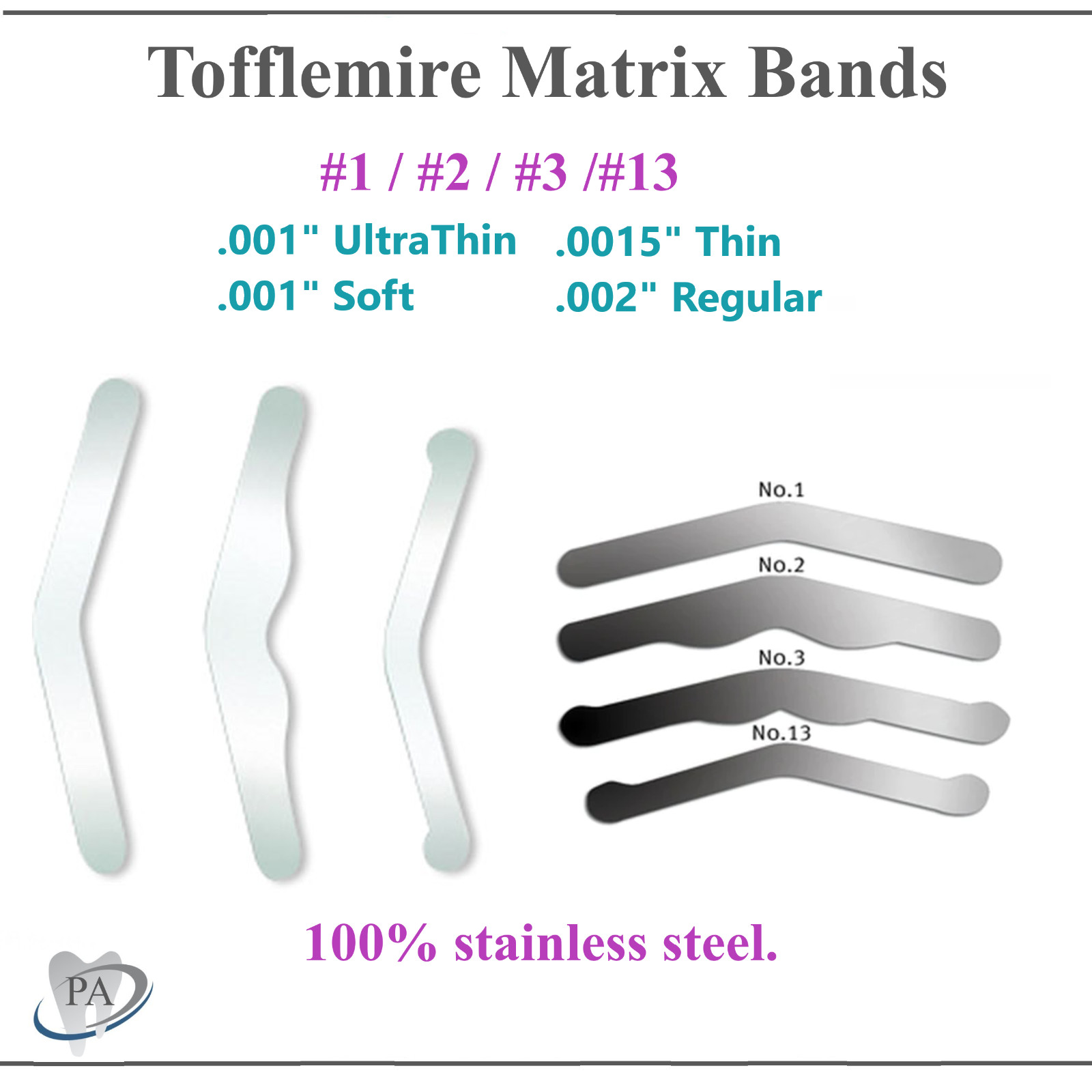Dental Tofflemire Stainless Steel Matrix Bands #1, #2, #3, #4 – Upto 144/Pkg US