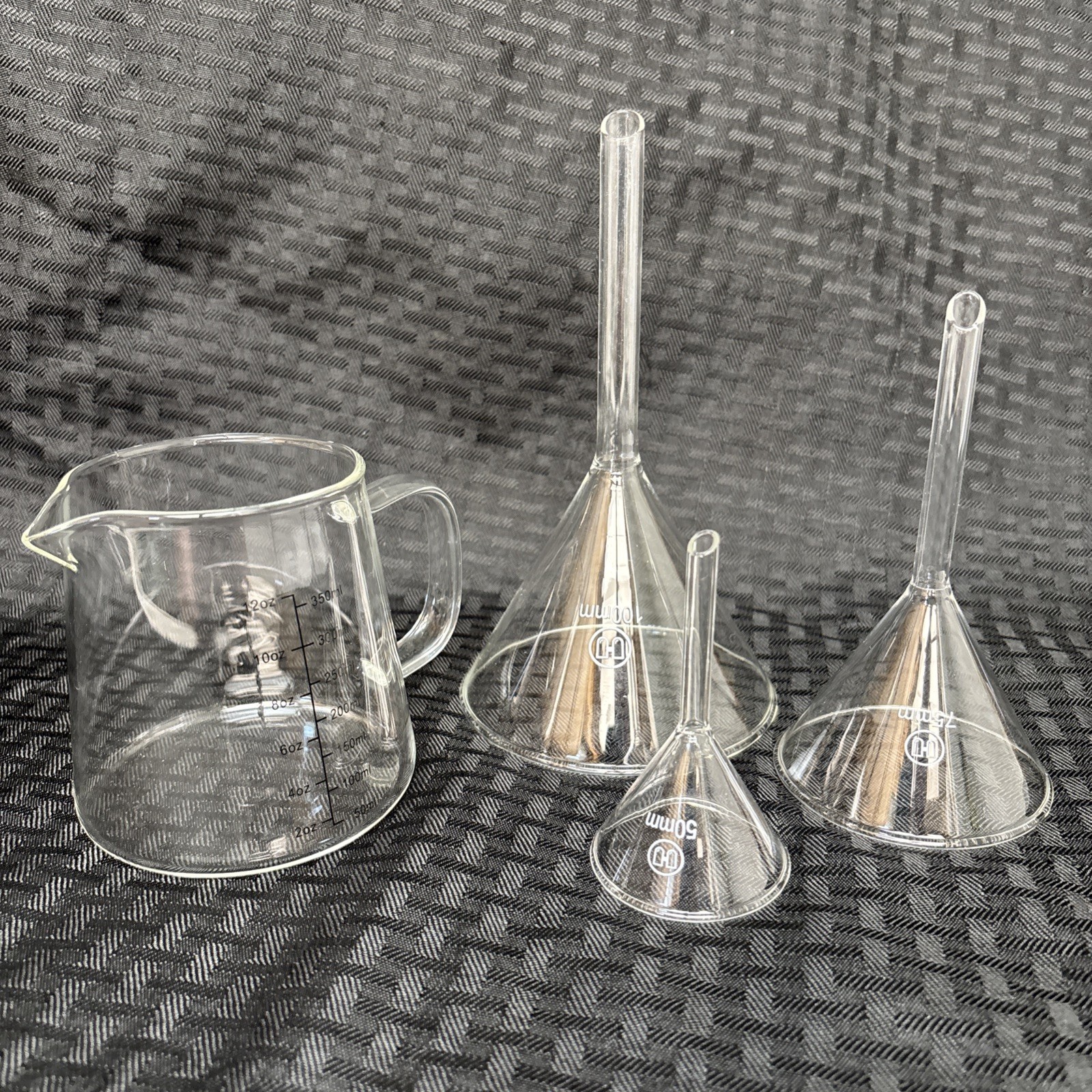 Lot of 3 Glass Long Stem Filling Funnels w/ 12 Ounce Measure Cup