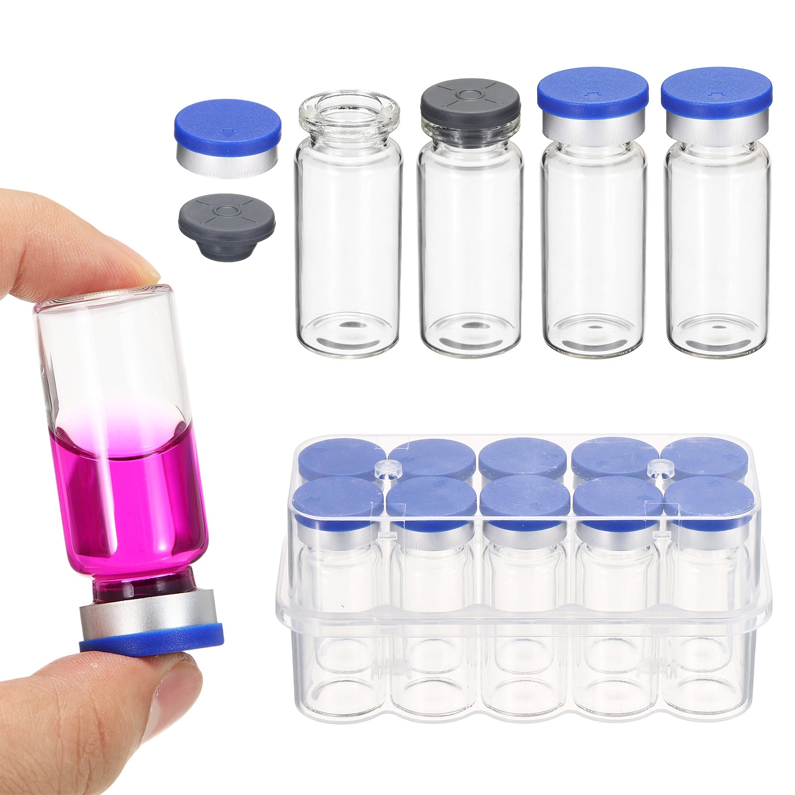 10 Pack 10ml Lab Empty Vials for Injection, Transparent and Blue