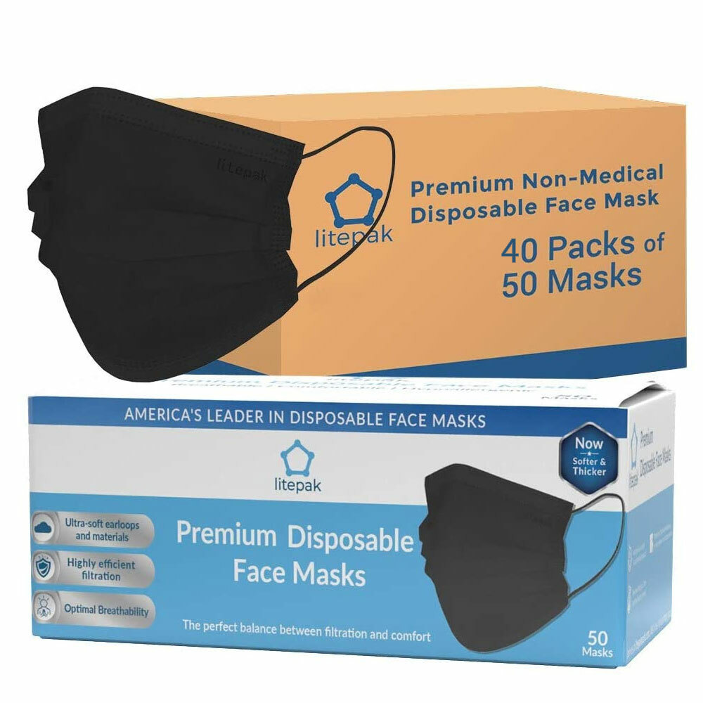 2,000pcs Litepak Premium BLACK Disposable Face Mask 3Ply Wholesale Bulk 40x50ct