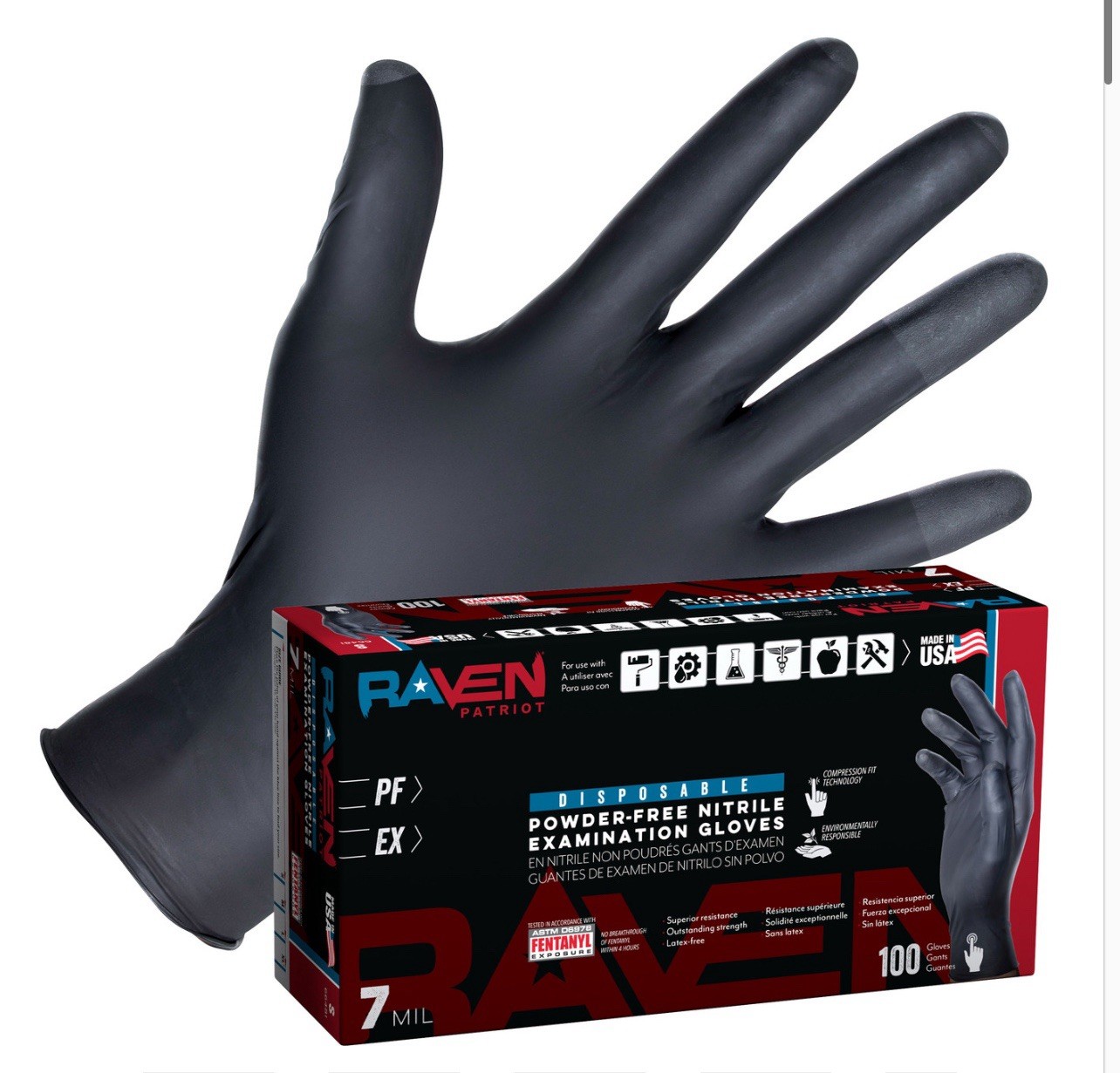 SAS Safety Raven Patriot Black Nitrile Gloves, XLARGE 7 mil, 1000/CS MADE IN USA