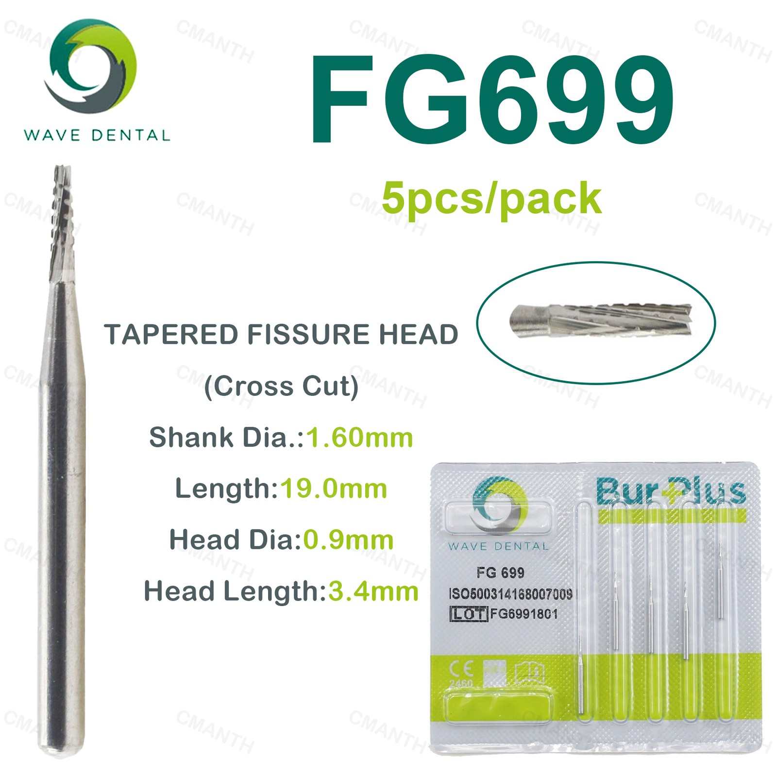 US WAVE Dental Burs Tapered Fissure Cross Cut Head Gold For High Speed Dia.1.6mm