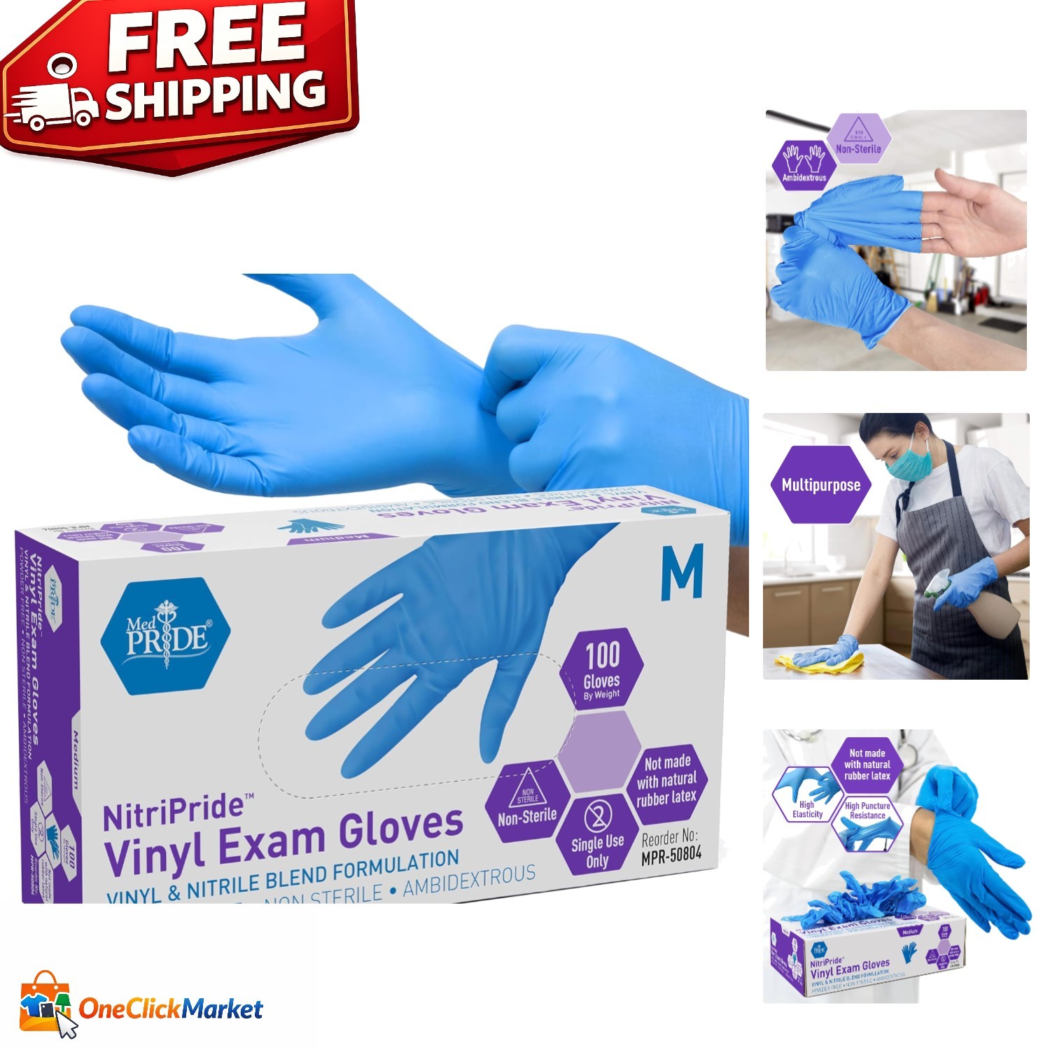 Disposable Blue Nitrile/Vinyl Blend Gloves – Powder-Free, Latex-Free, 100 Count