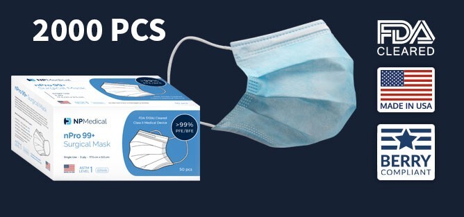 2000pcs, Disposable Surgical Face Mask, Adult Size, Made in the USA, 510k, lvl 1
