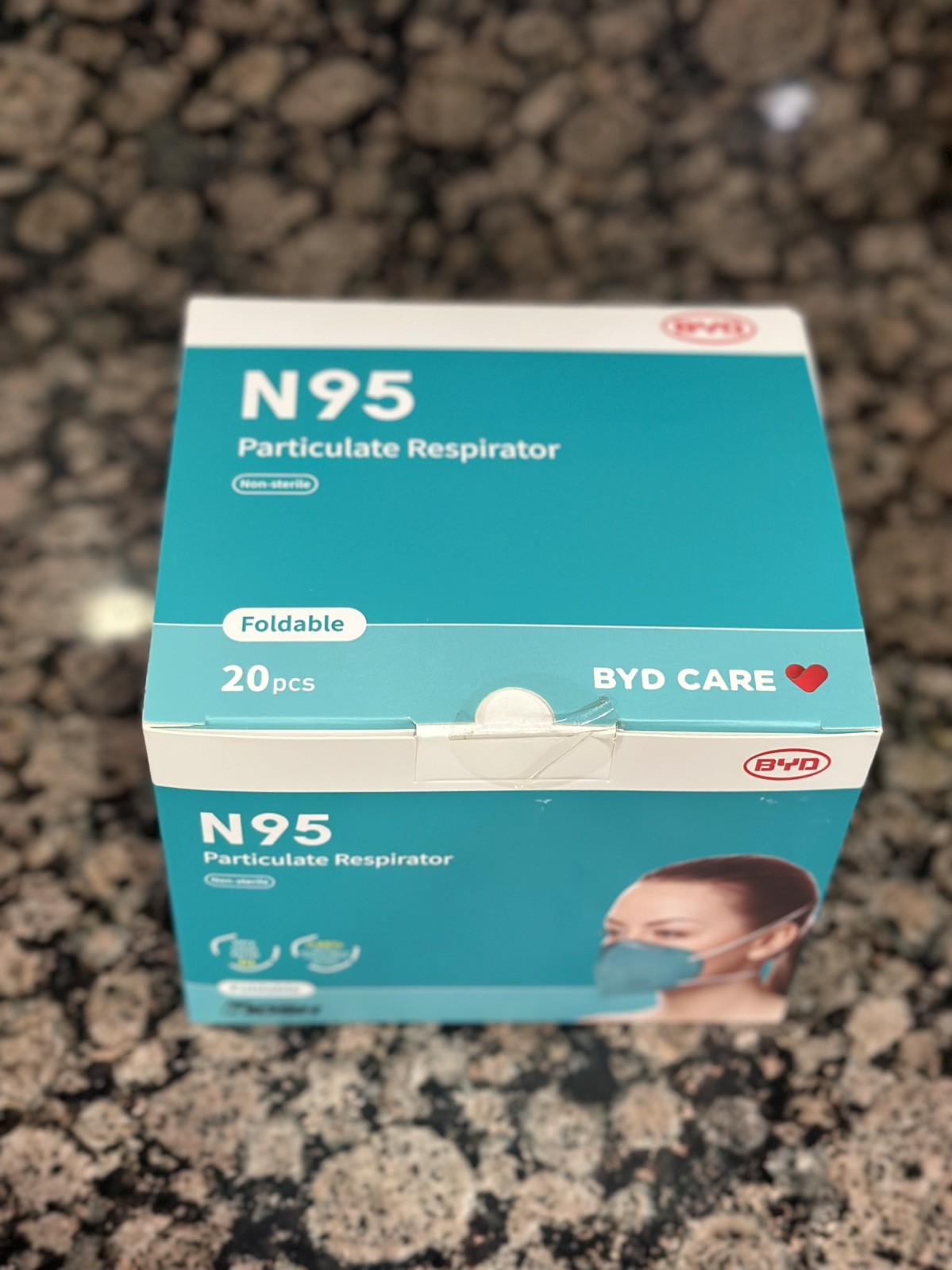 BYD CARE N95 CASE of 20 PCS Foldable Respirator Masks Individually Sealed