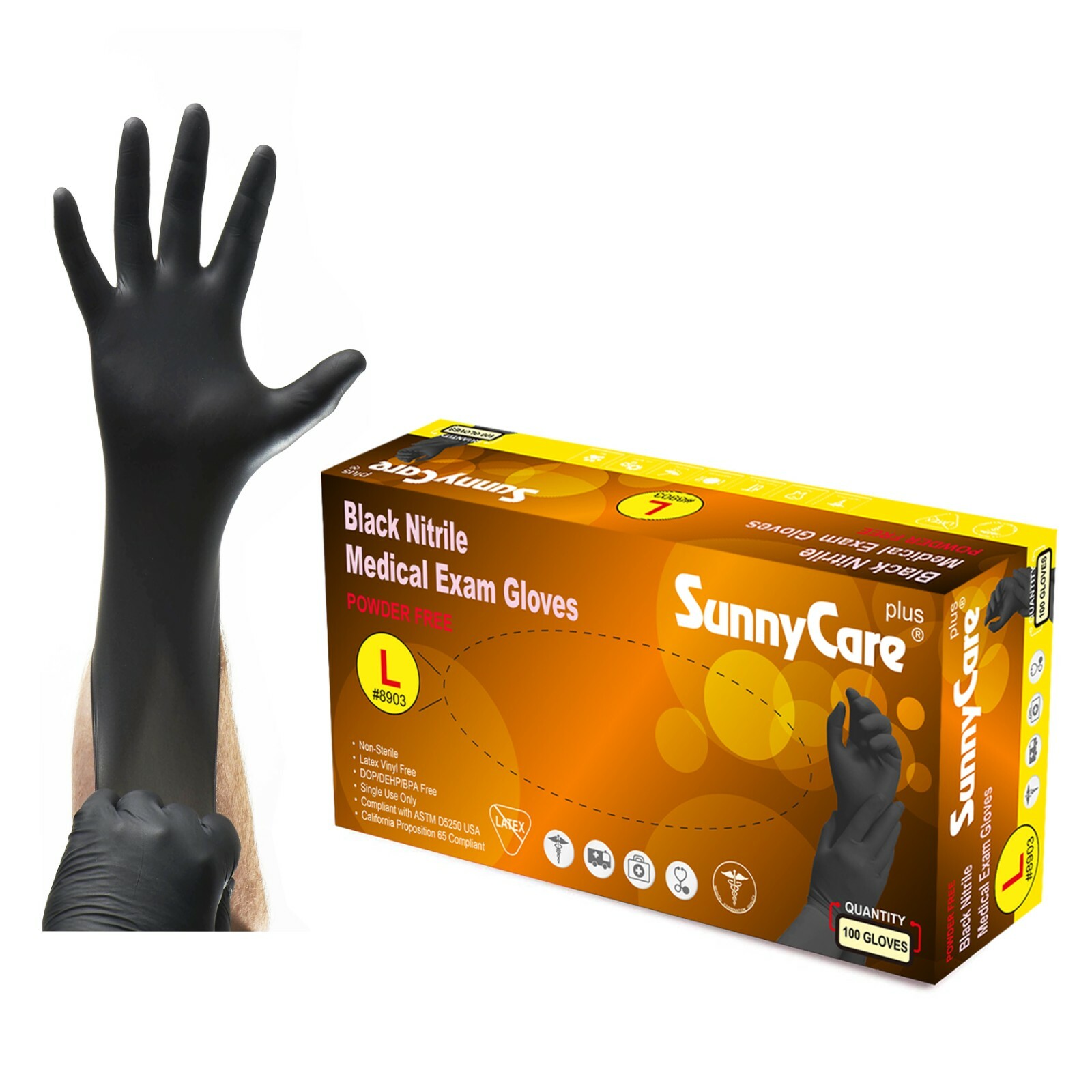 100 SunnyCare® 5Mil Black Nitrile Exam Gloves Powder Free (Non Vinyl Latex) L