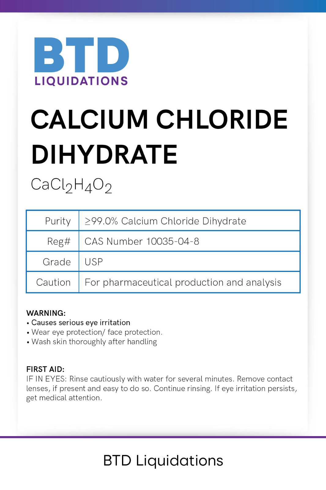Calcium chloride dihydrate, ACS reagent, USP grade ?99%, CAS: 10035-04-8 (500g)
