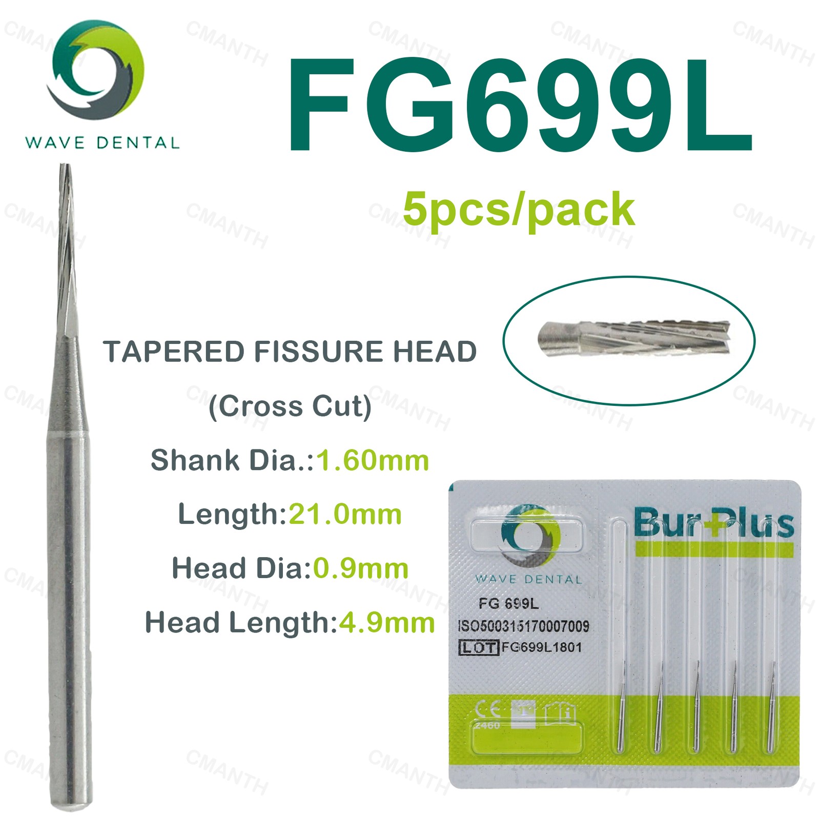 US WAVE Dental Carbide Strawberrie Dental burs Taper Fissure Head For High Speed