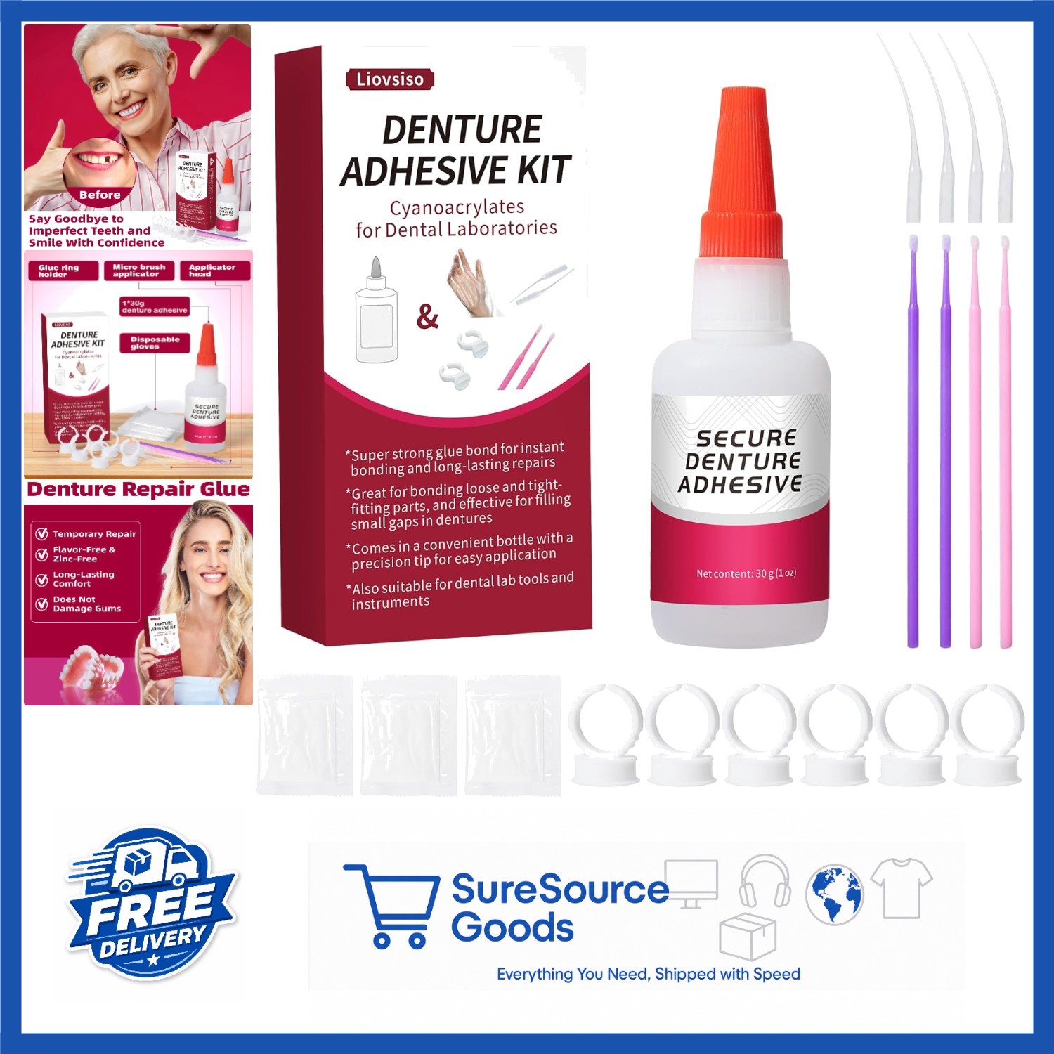 Instant Bonding Dental Glue 1oz for Dentures, Fast Drying, Clear Adhesive