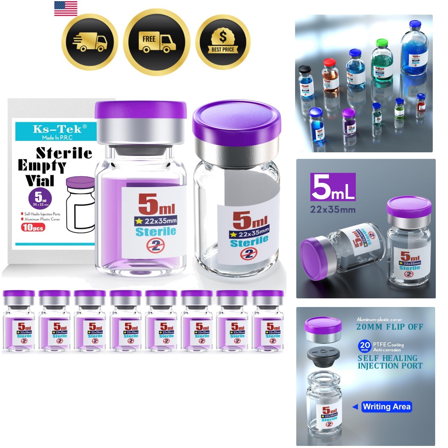Sterile Empty Vials with Self Healing Injection Port,with Flip Off Aluminum C…
