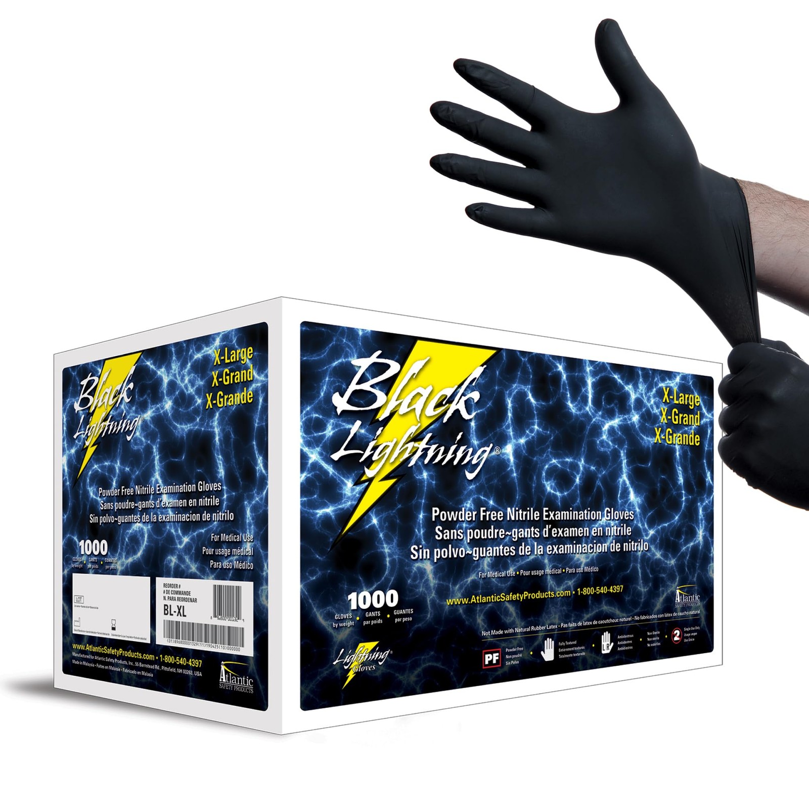 Black Lightning Exam Gloves, Disposable, Powder-Free Nitrile Gloves, Black,