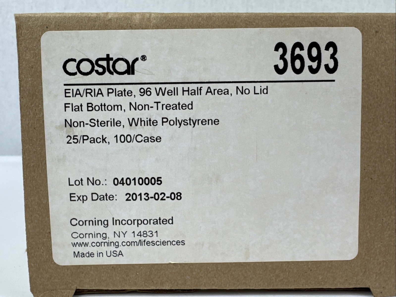 COSTAR Plastic 96-Well Half-Area EIR/RIA Plates Non-Treated No Lid 3693, 25/Pack