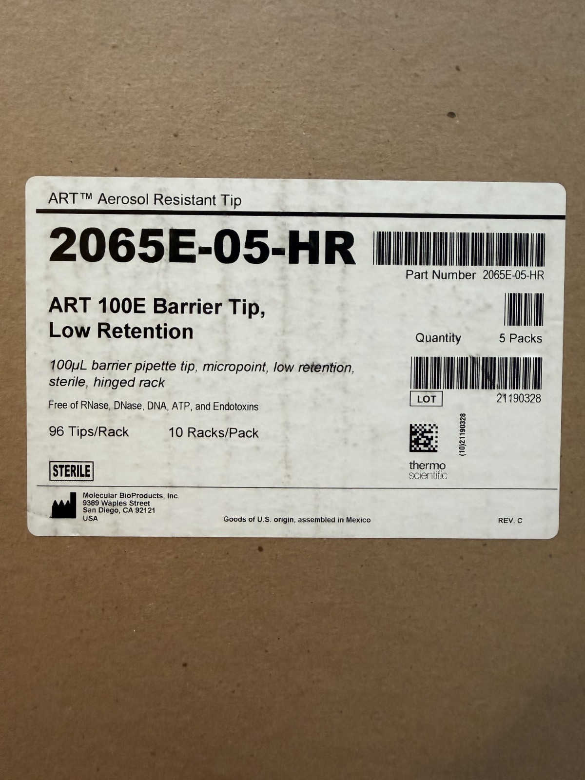 Thermo ART 2065E-05-HR 100E Aerosol Resistant Tip, 100μL (4800 tips/case)