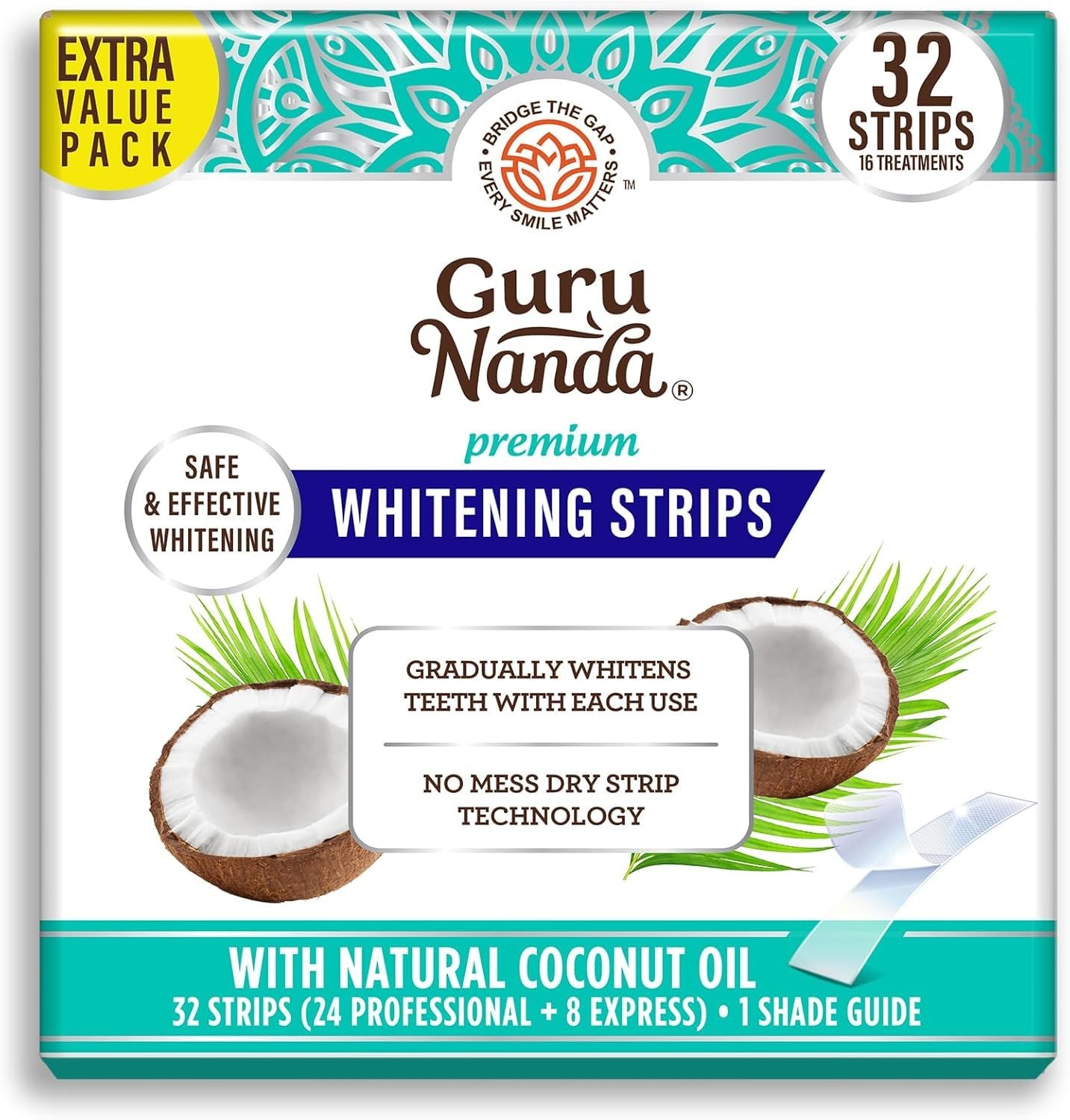 GuruNanda Teeth Whitening Strips Kit – 16-Day 32 Count (Pack of 1), Clear