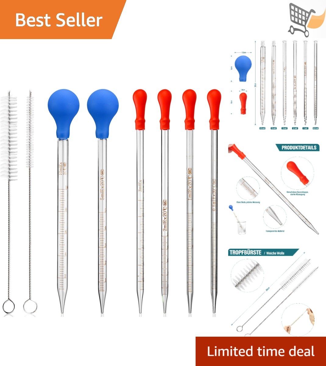 Glass Pipettes Set 6pcs 0.5ml 1ml 2ml 3ml 5ml 10ml for Liquid Transfer Lab Uses