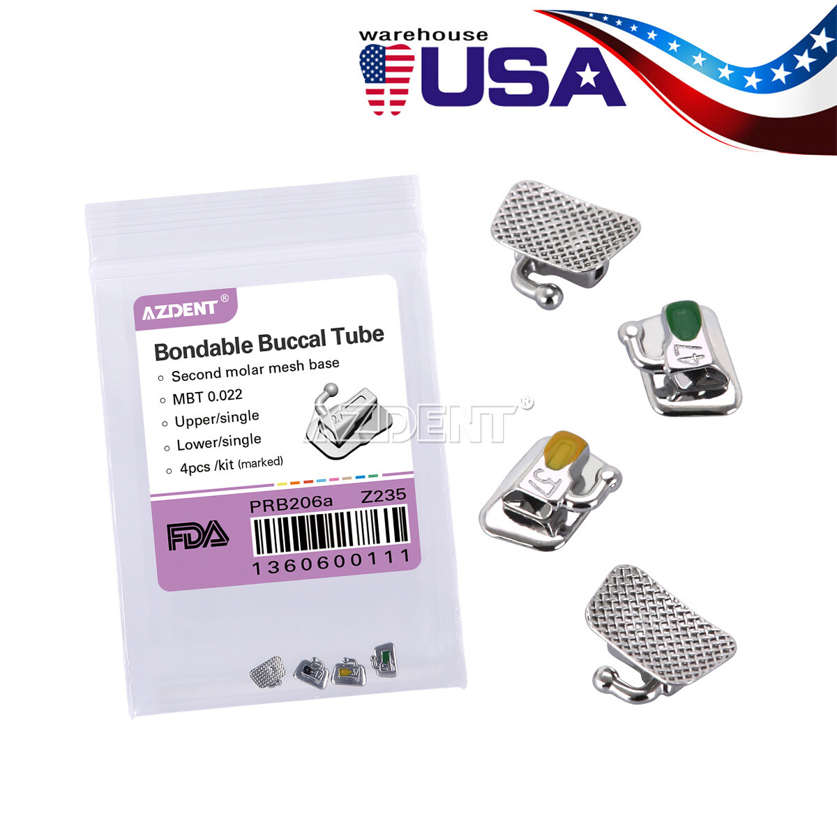 AZDENT Dental Orthodontic Bondable Buccal Tube 1st 2nd Molar MBT/Roth 022 018 CE