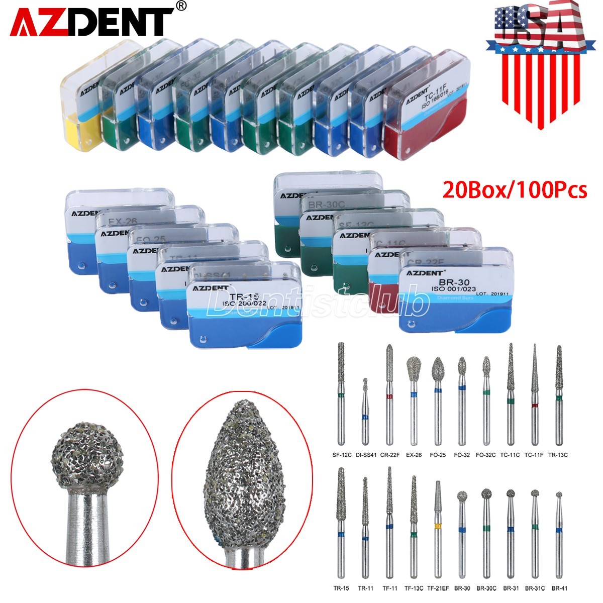 100Pcs/20Box AZDENT Dental FG 1.6mm Diamond Burs for High Speed Handpiece Medium