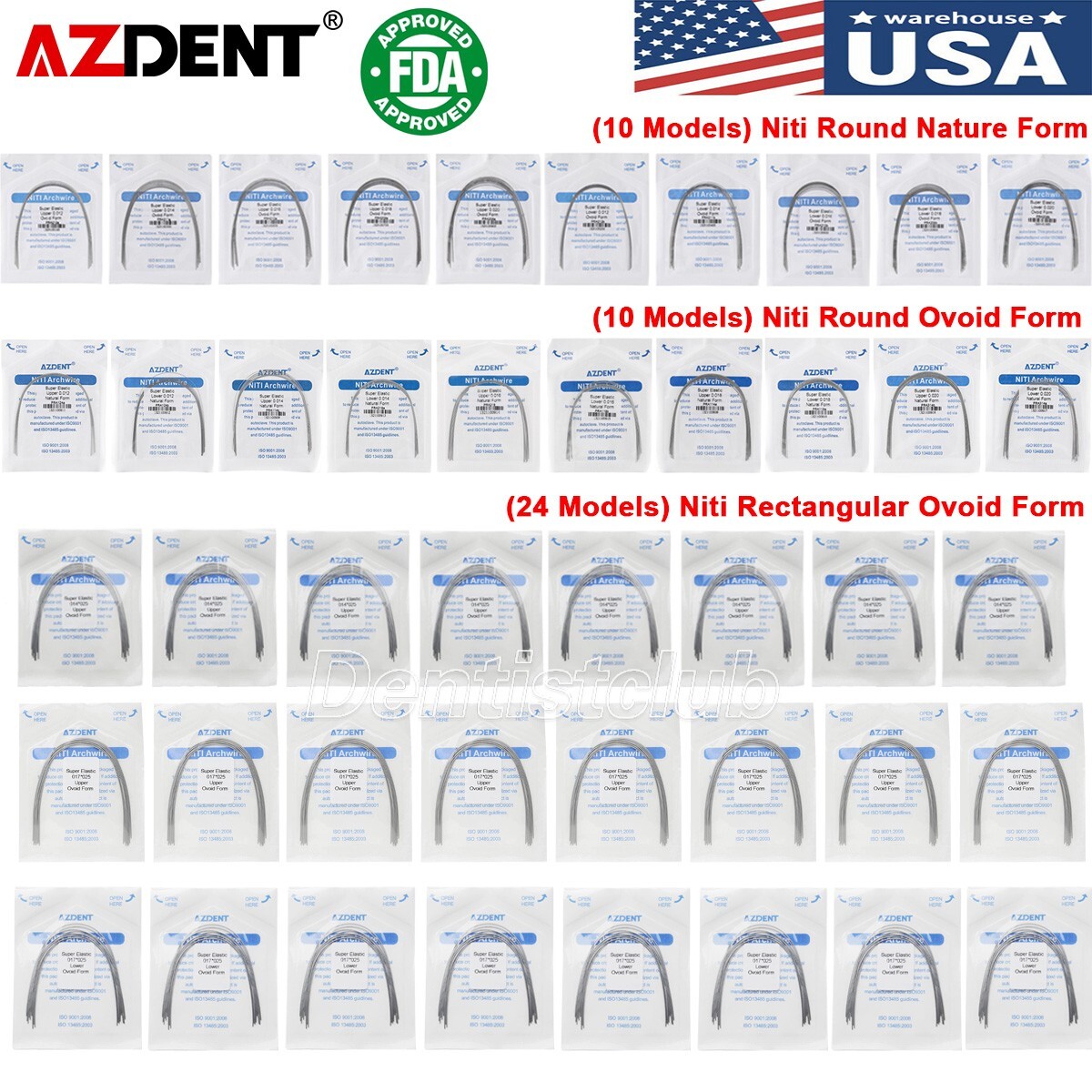 AZDENT Dental Orthodontic Niti Arch Wires Round/ Rectangular Ovoid/Nature Form