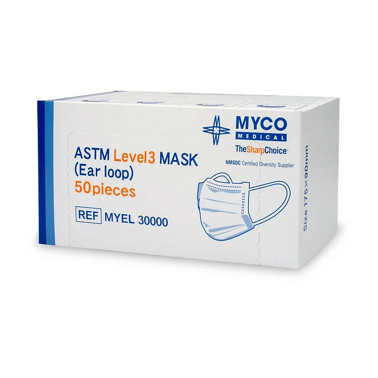 MYEL ASTM LEVEL 3 Earloop White Mask – Box/50 Non-Metallic/Non-Conductive