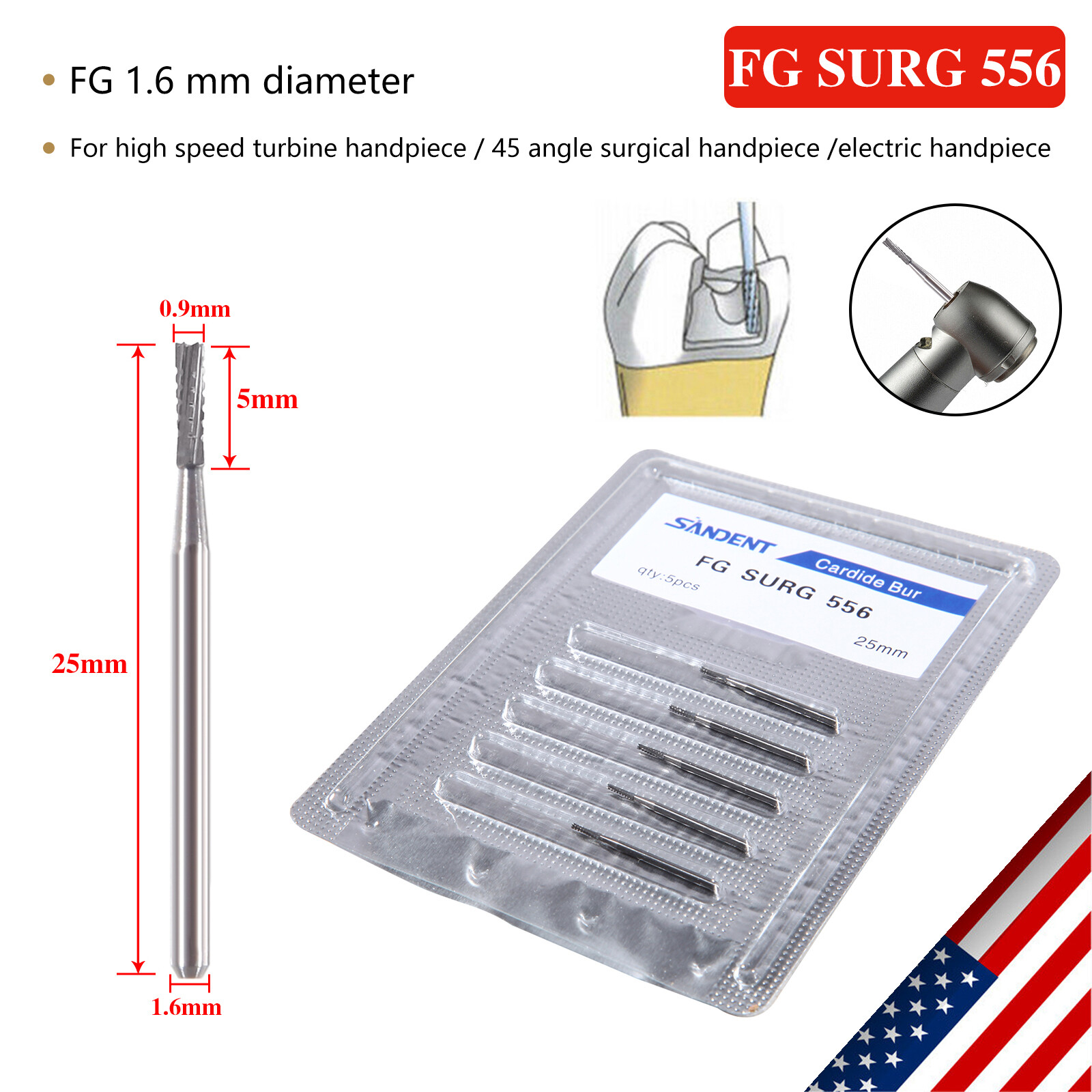SANDENT Dental Burs Carbide Surgical High Speed FG SURG 556
