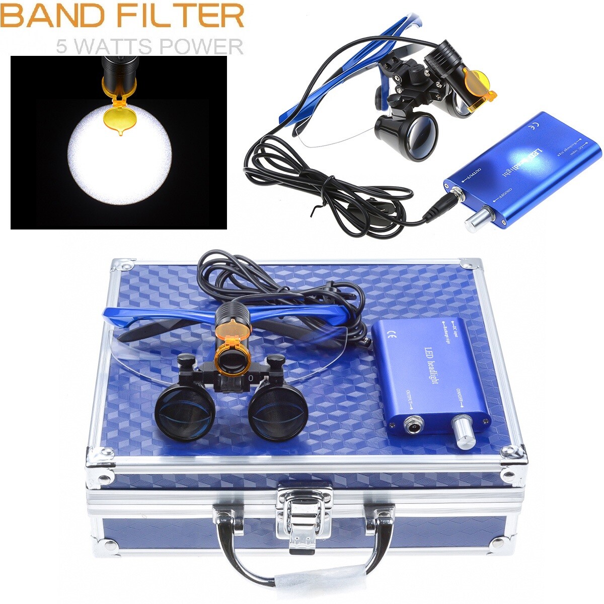 DY-007 3.5X Dental Loupes Magnifiers+5W LED Headlight Filter Aluminum Case Blue