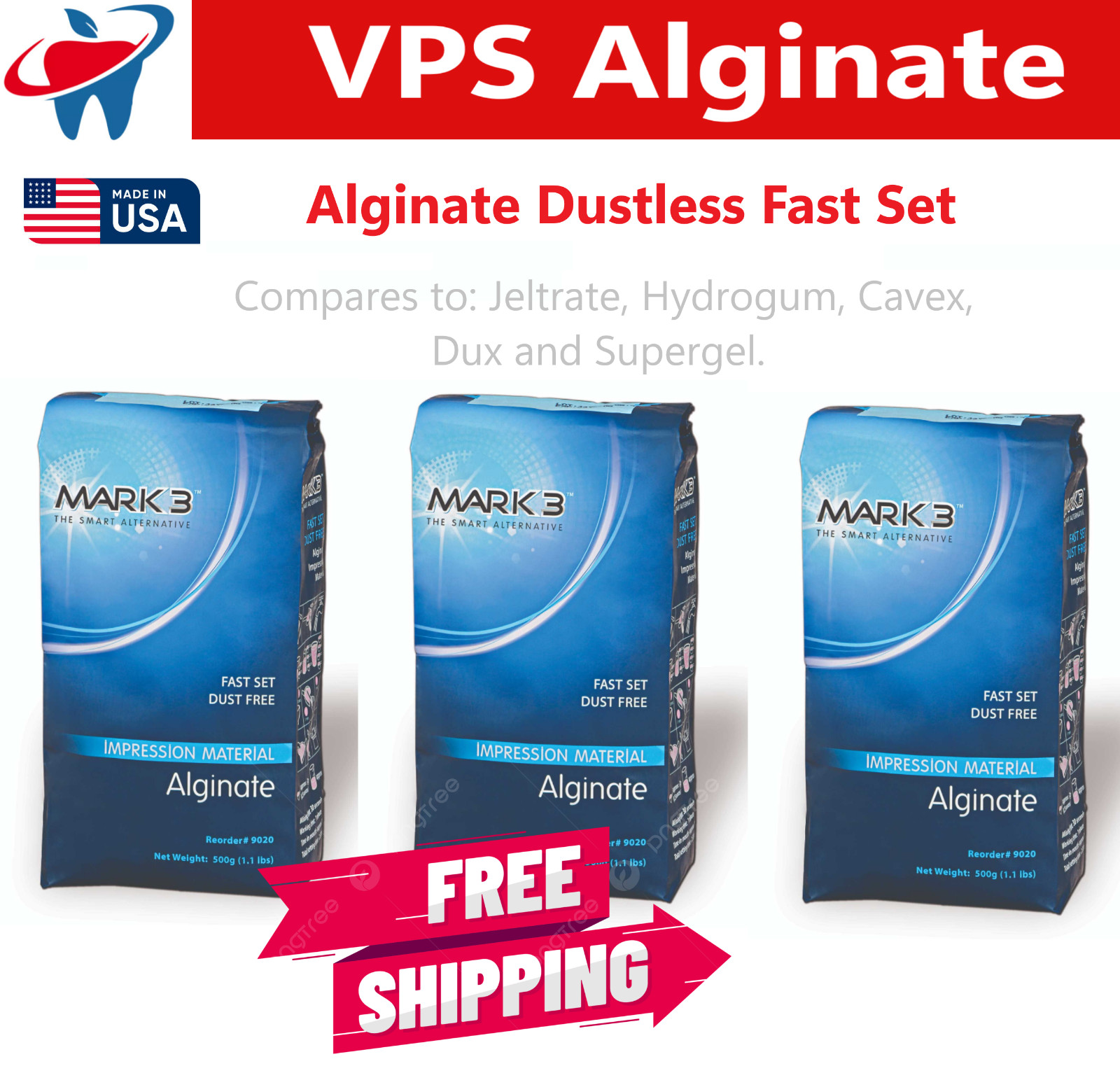 Dental VPS Alginate Impression Material Dustless Fast Set, Mint, 3 Bags (3.3Lbs)