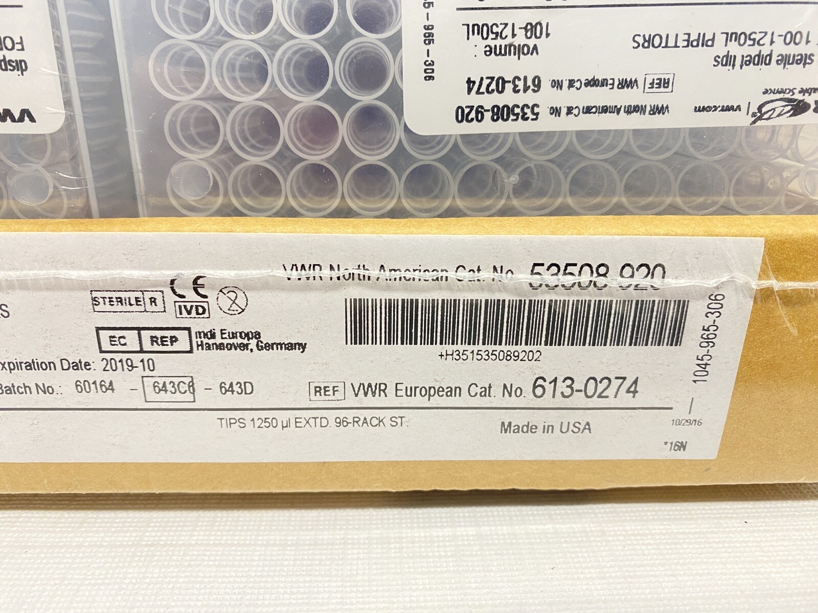 (576) VWR 1250uL FlexTop Extended Length Pipet Tips 96/Hinged Rack 53508-920