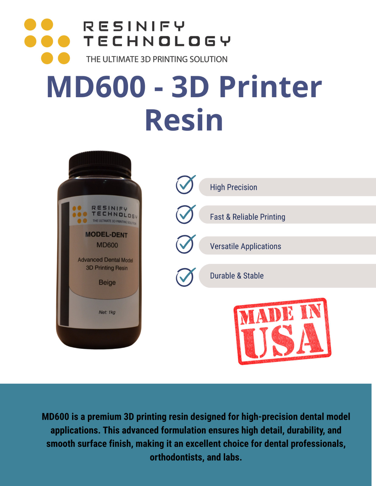 Dental 3D Printing Resin MD600 – Crown/Bridge Models | Fast Curing