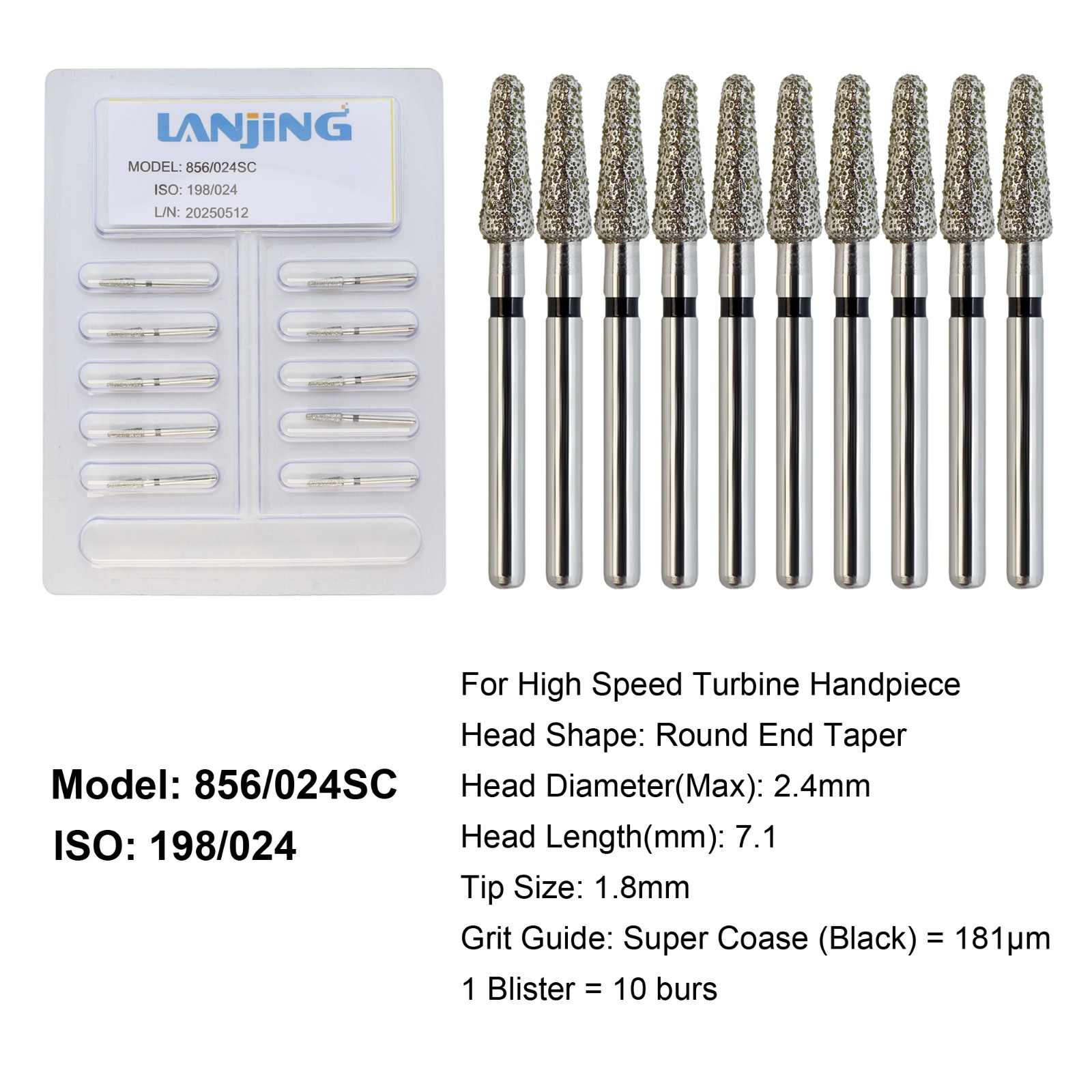 Dental Diamond Burs Round End Taper Football Coarse Fine High Speed 856 850 379