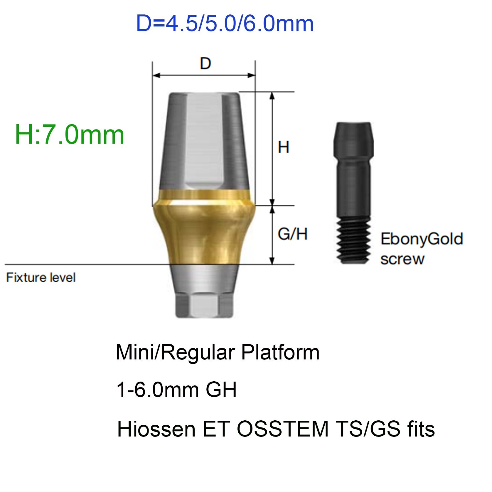 Hiossen ET/TS Dental Titanium Hex Cemented Straight Abutment Mini/Regular Plat