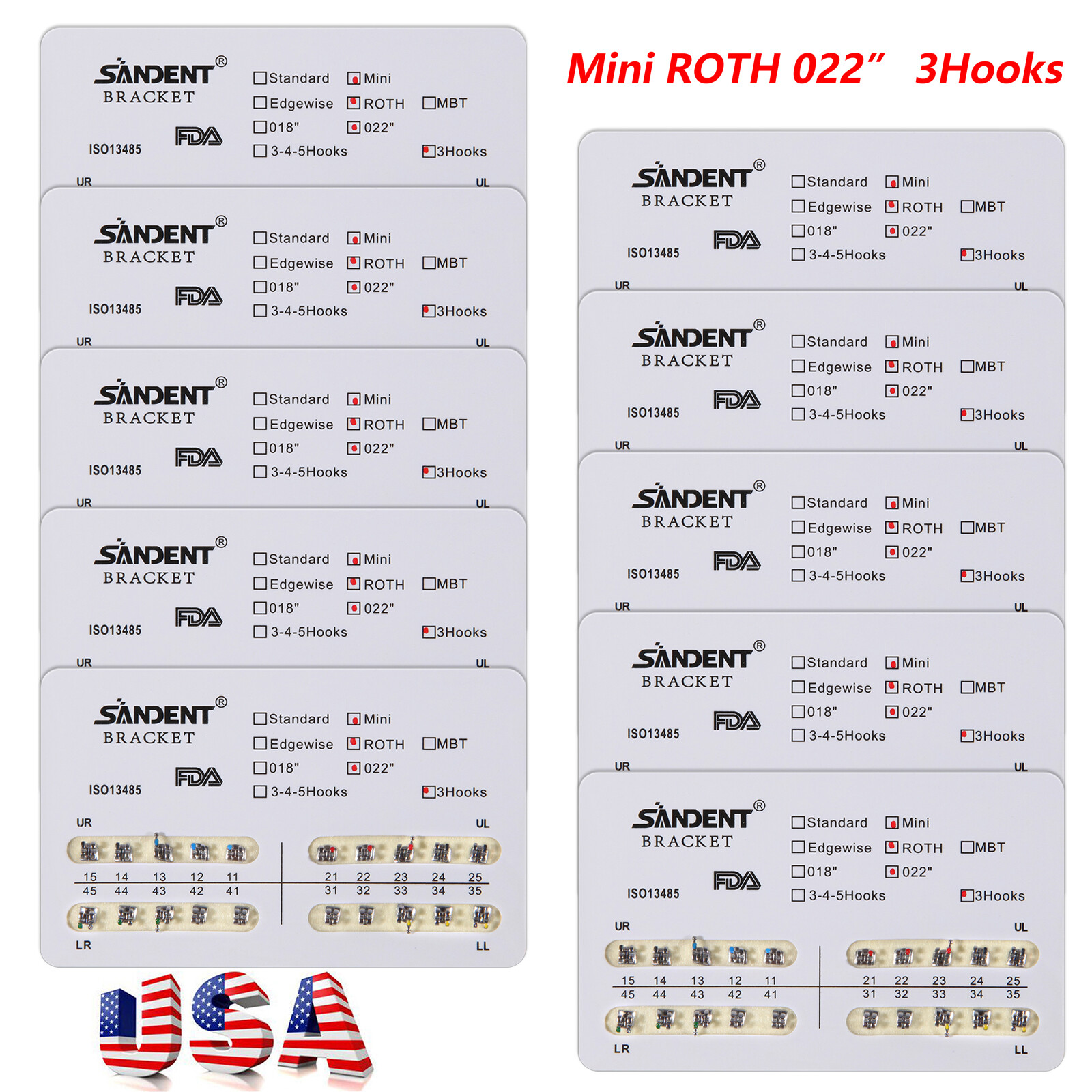 10-200Pack Orthodontic Dental Brackets Braces Mini Roth.022 Slot Hooks 3 #3