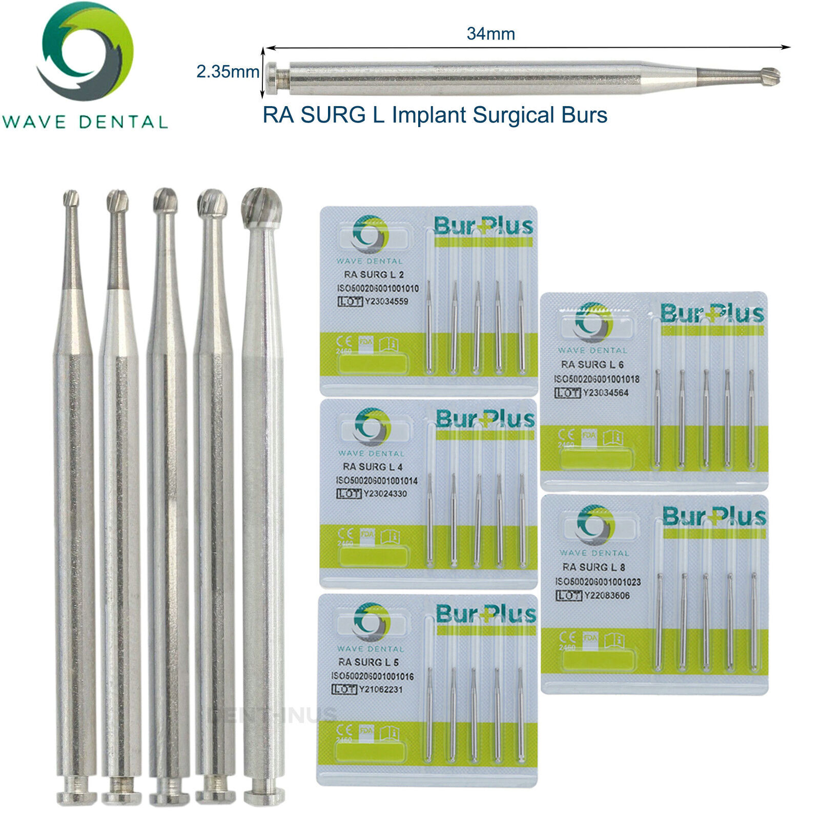 WAVE Dental Bur Carbide Round Latch RA SURG L 2 4 5 6 8 Surgical 34mm Length