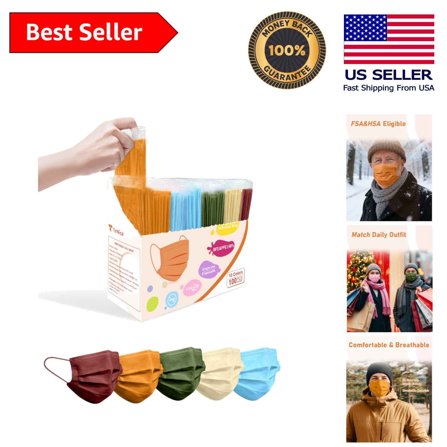 Luxury Disposable Face Masks – 4 Ply ASTM Level 3, 100 Pack, Revitalizing Aut…