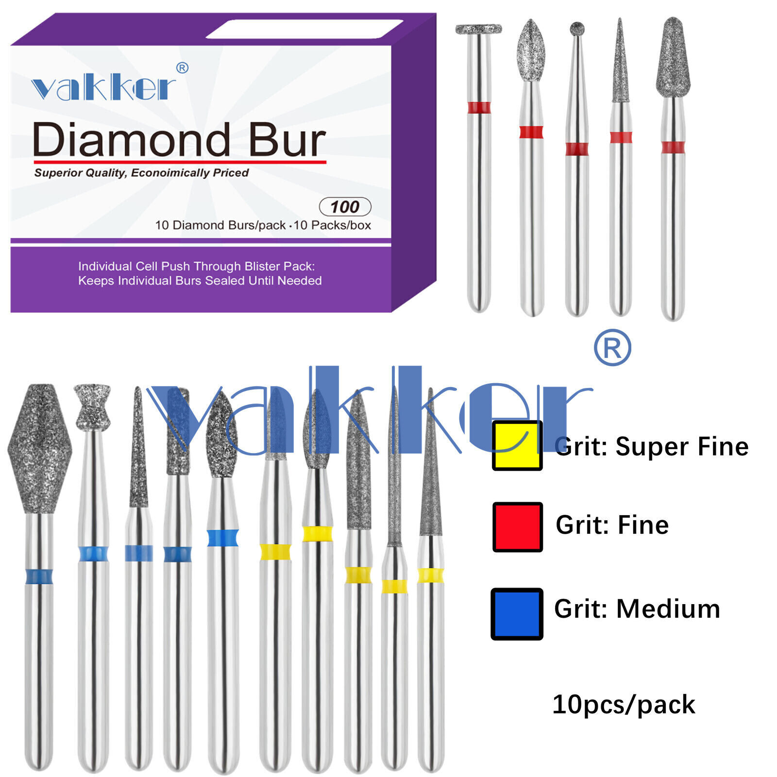 10pc Dental Diamond Burs for HighSpeed Handpiece Medium Super Fine Friction Grip